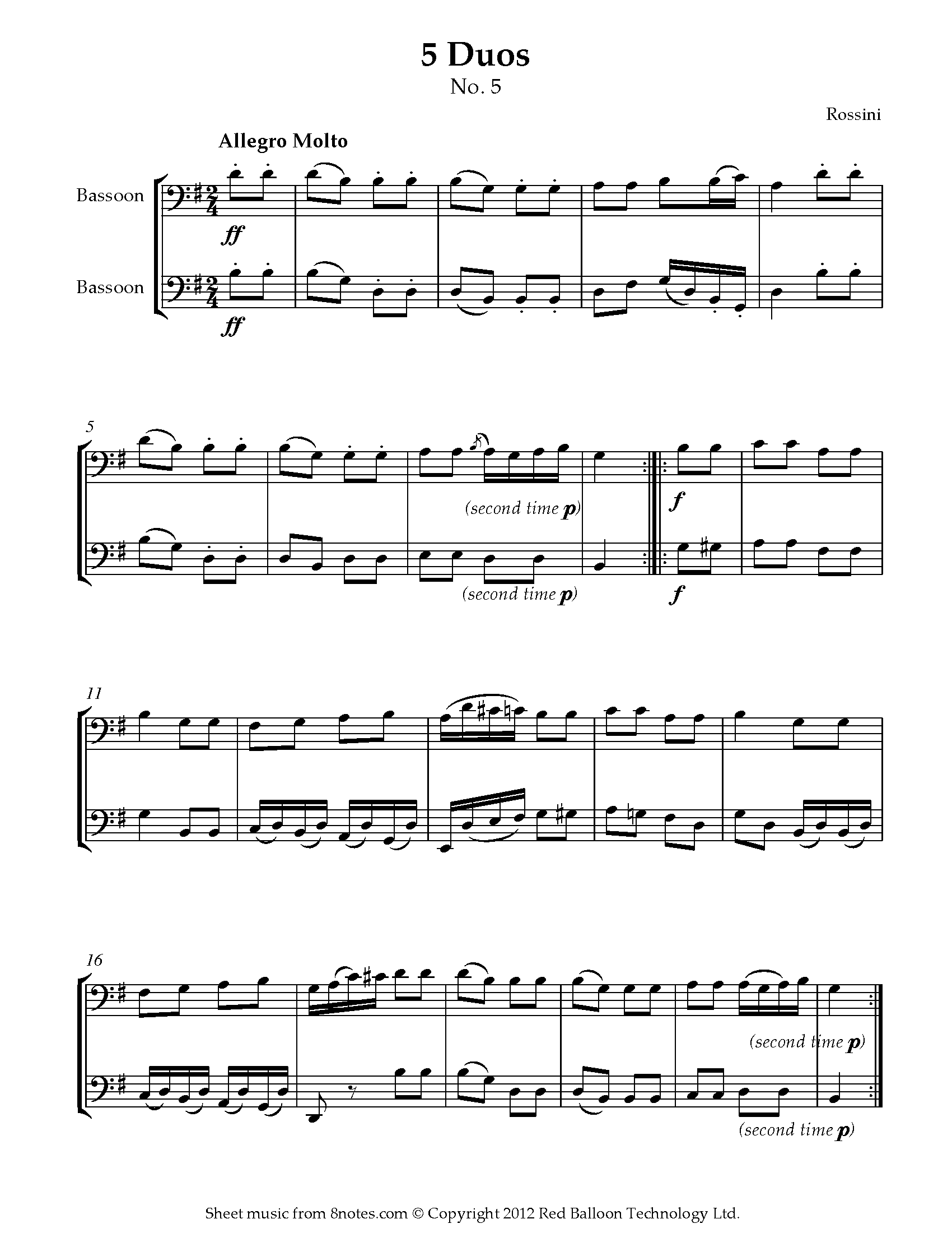 Rossini - 5 Duos No.5 Allegro Molto Sheet music for Bassoon Duet ...