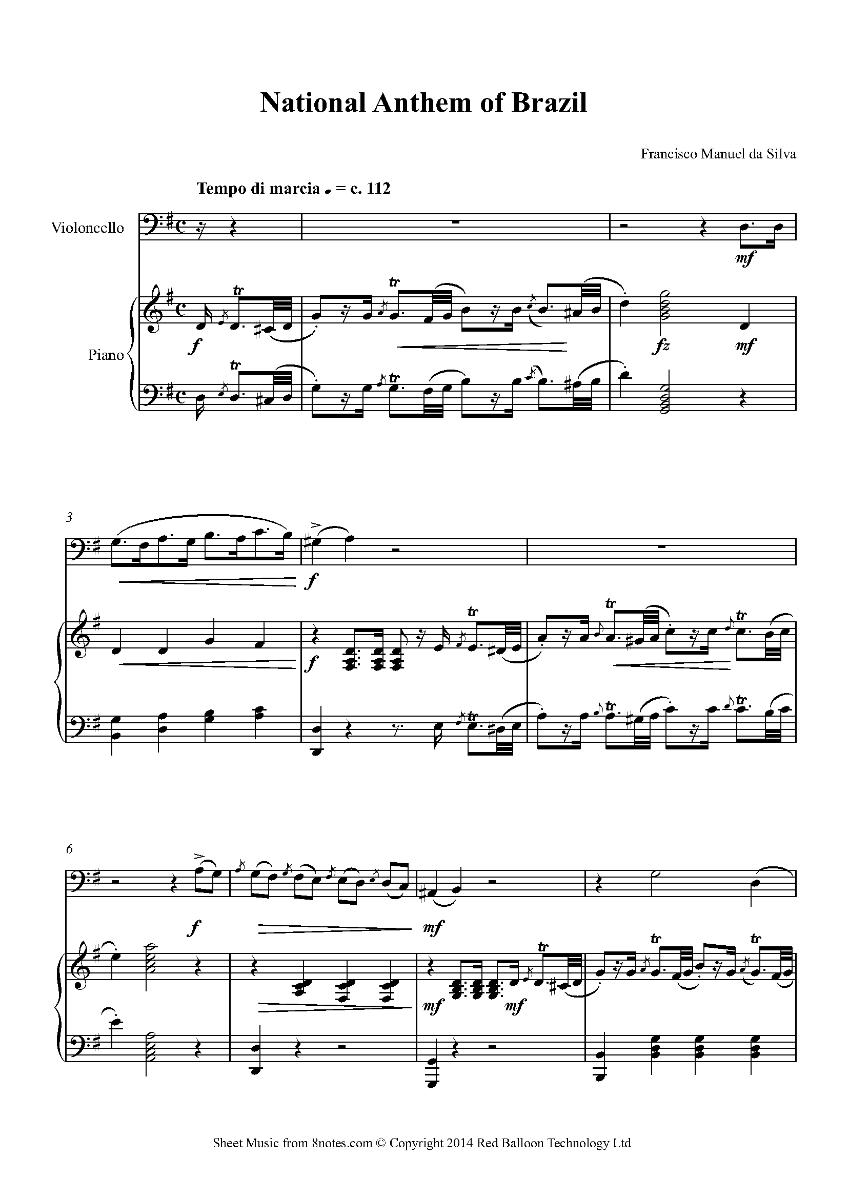 National Anthem Of Brazil Sheet Music For Cello - 8notes.com