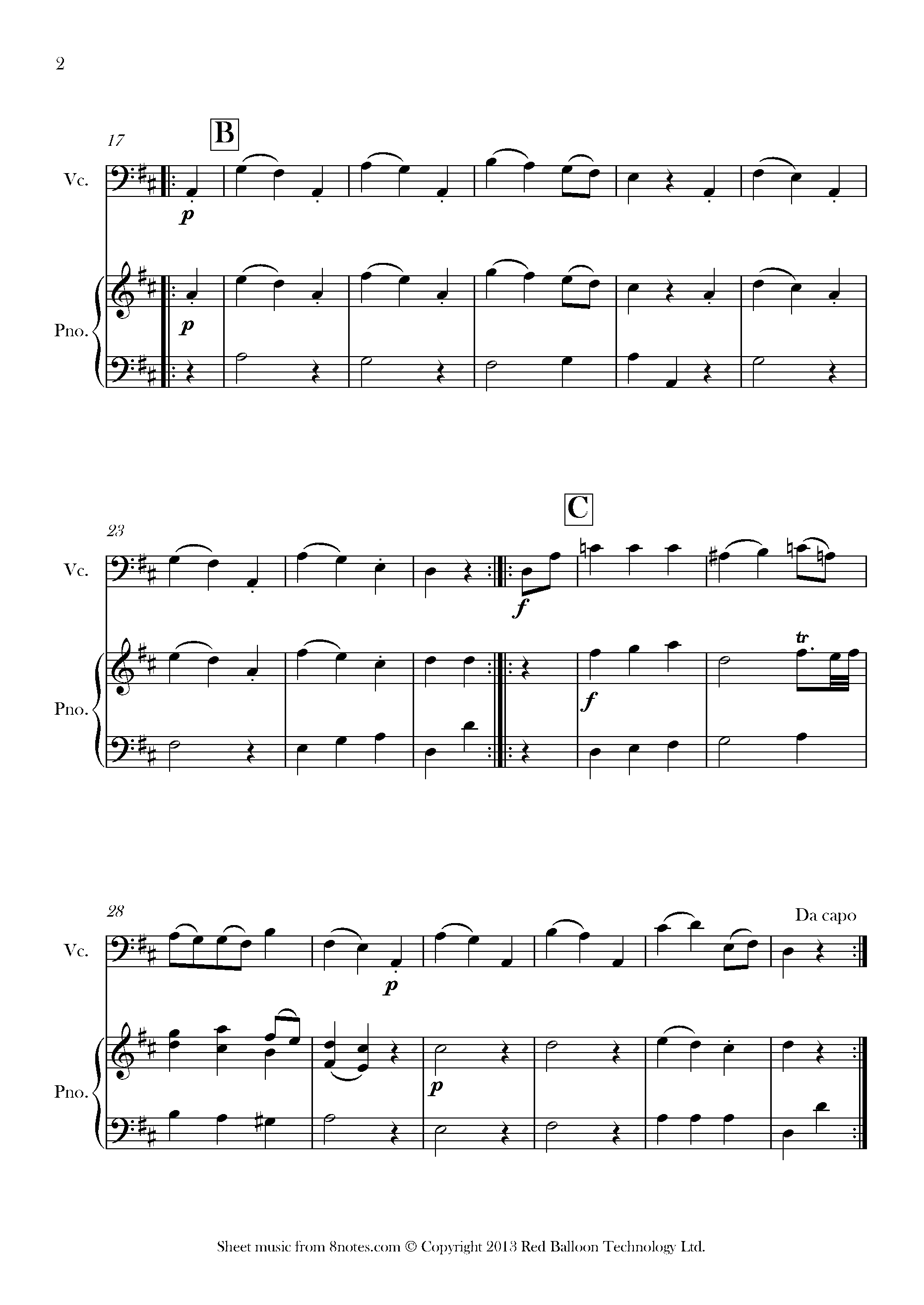 Mozart - German Dance No.1 K. 605 Sheet music for Cello - 8notes.com