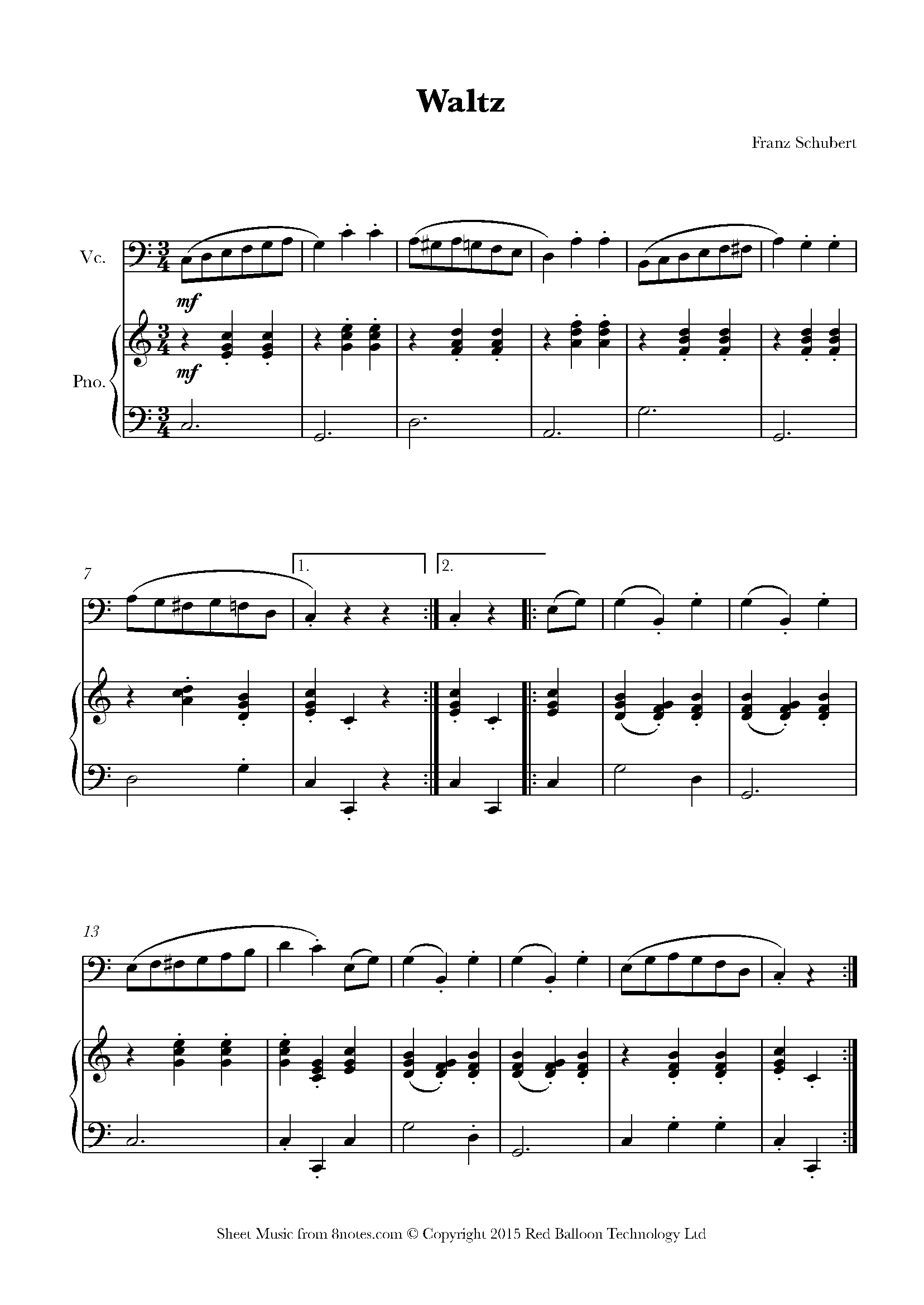 Schubert - Waltz in A Sheet music for Cello - 8notes.com