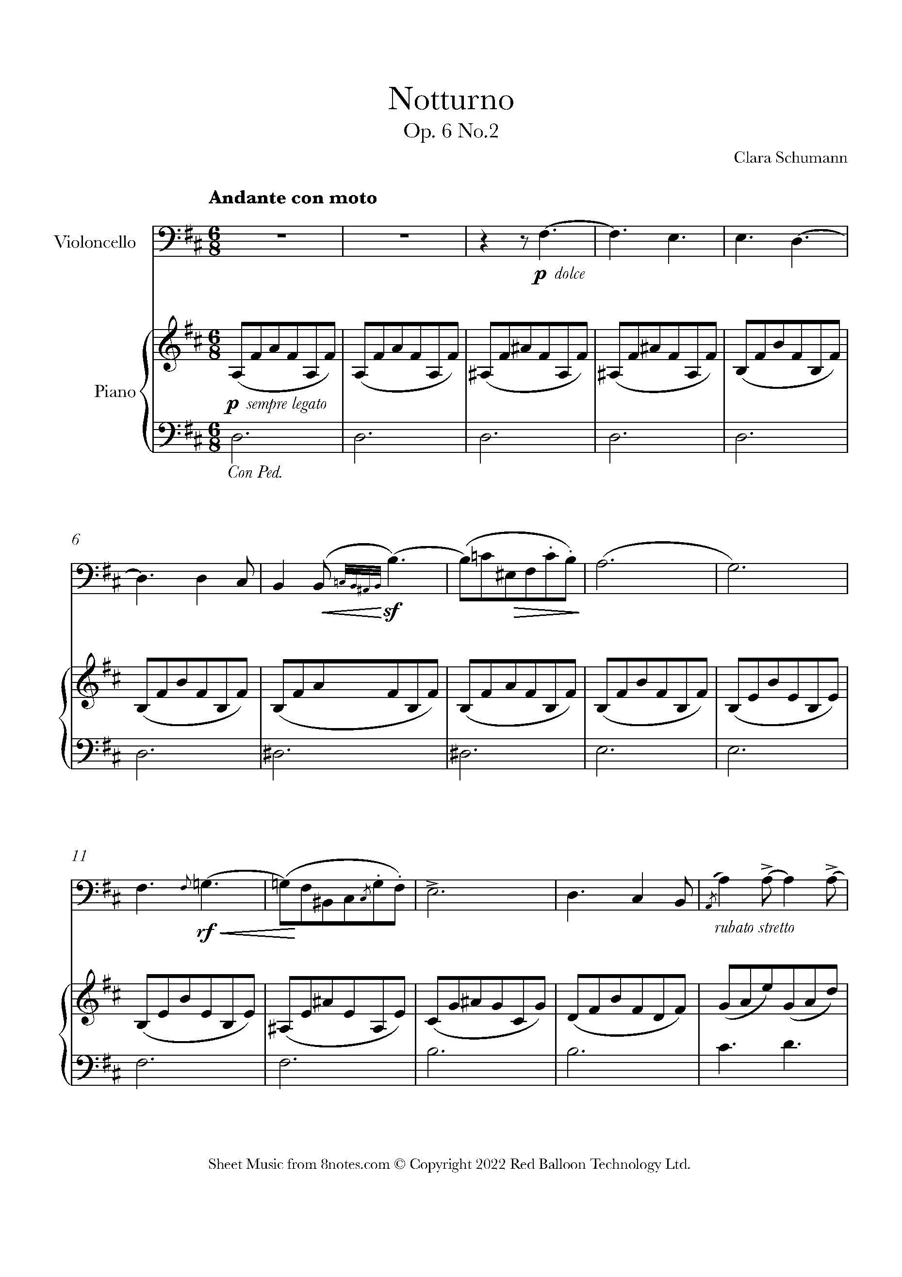 Schumann - Notturno Op.6 No.2 Sheet Music For Cello - 8notes.com