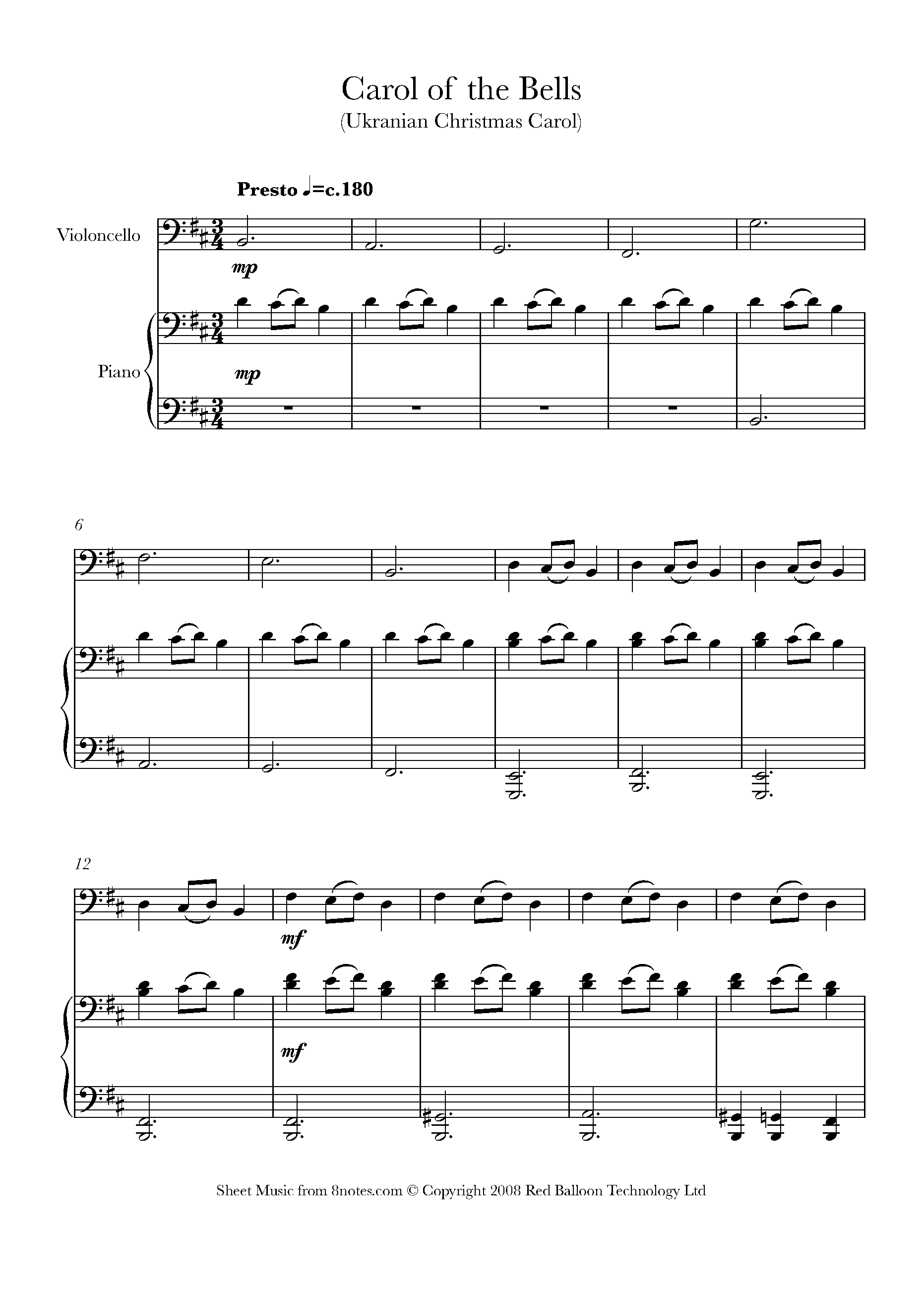 Carol Of The Bells Sheet Music For Cello 8notes