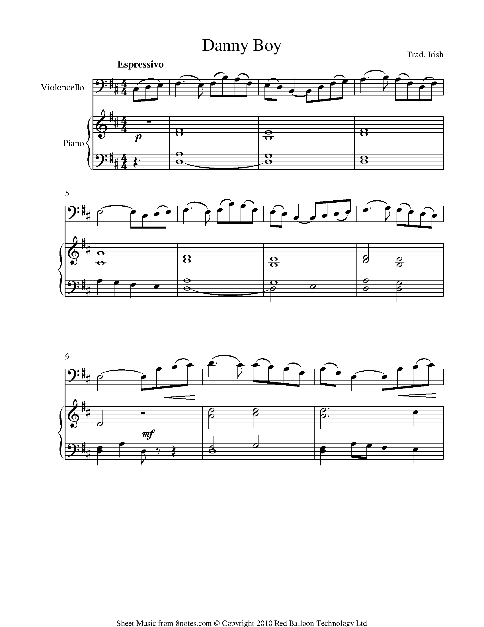 Danny Boy Sheet Music For Cello - 8notes.com