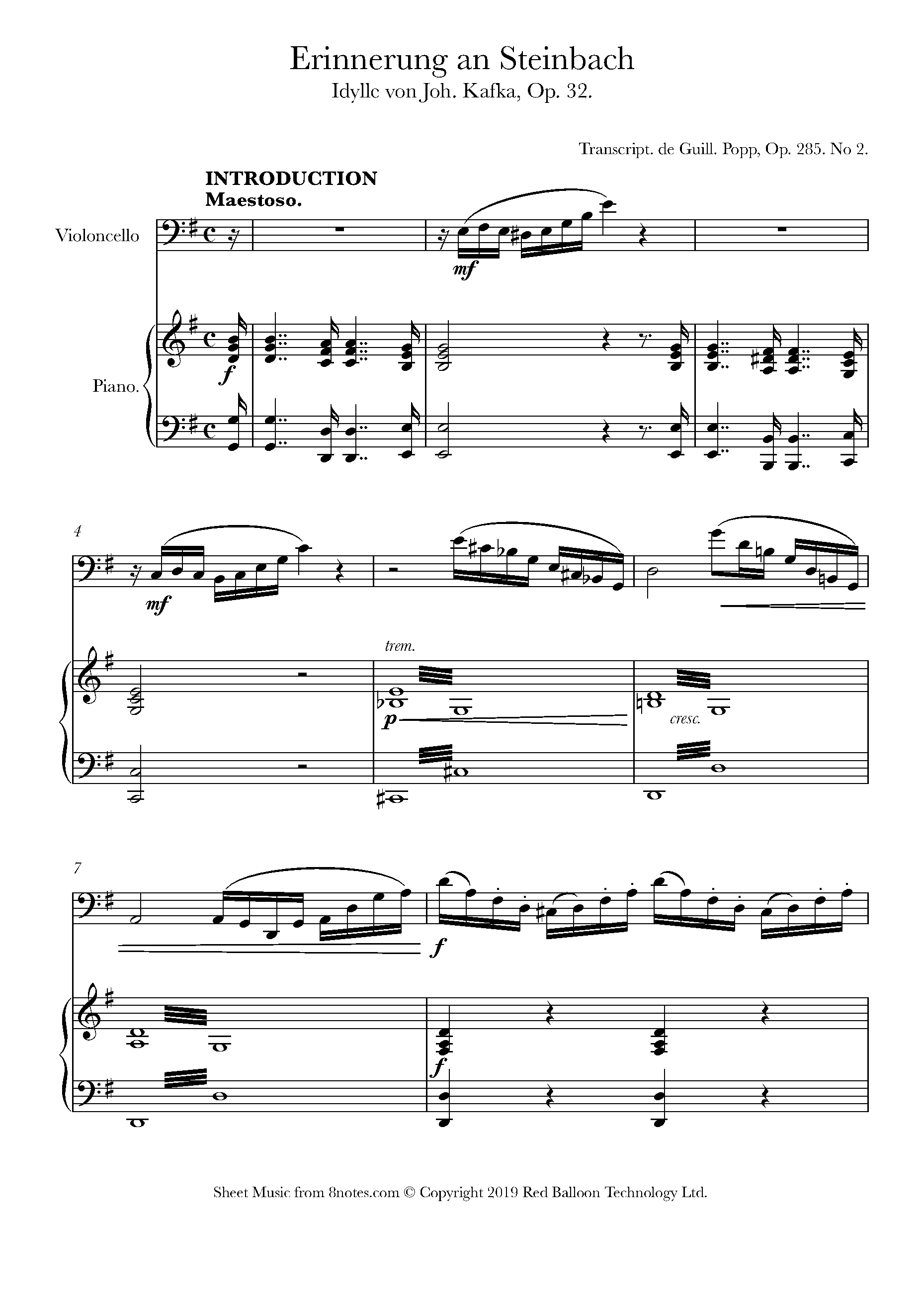 Kafka - Erinnerung An Steinbach, Idylle Sheet Music For Cello - 8notes.com