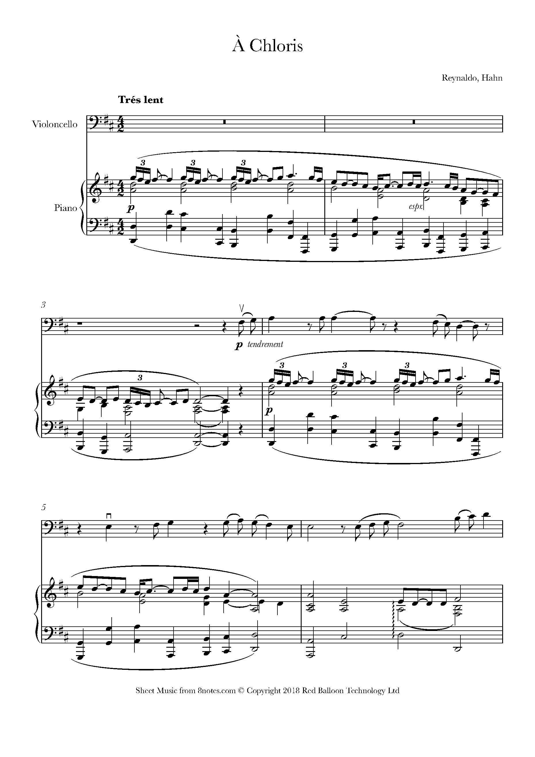 Hahn A Chloris Sheet Music For Cello 8notes Com