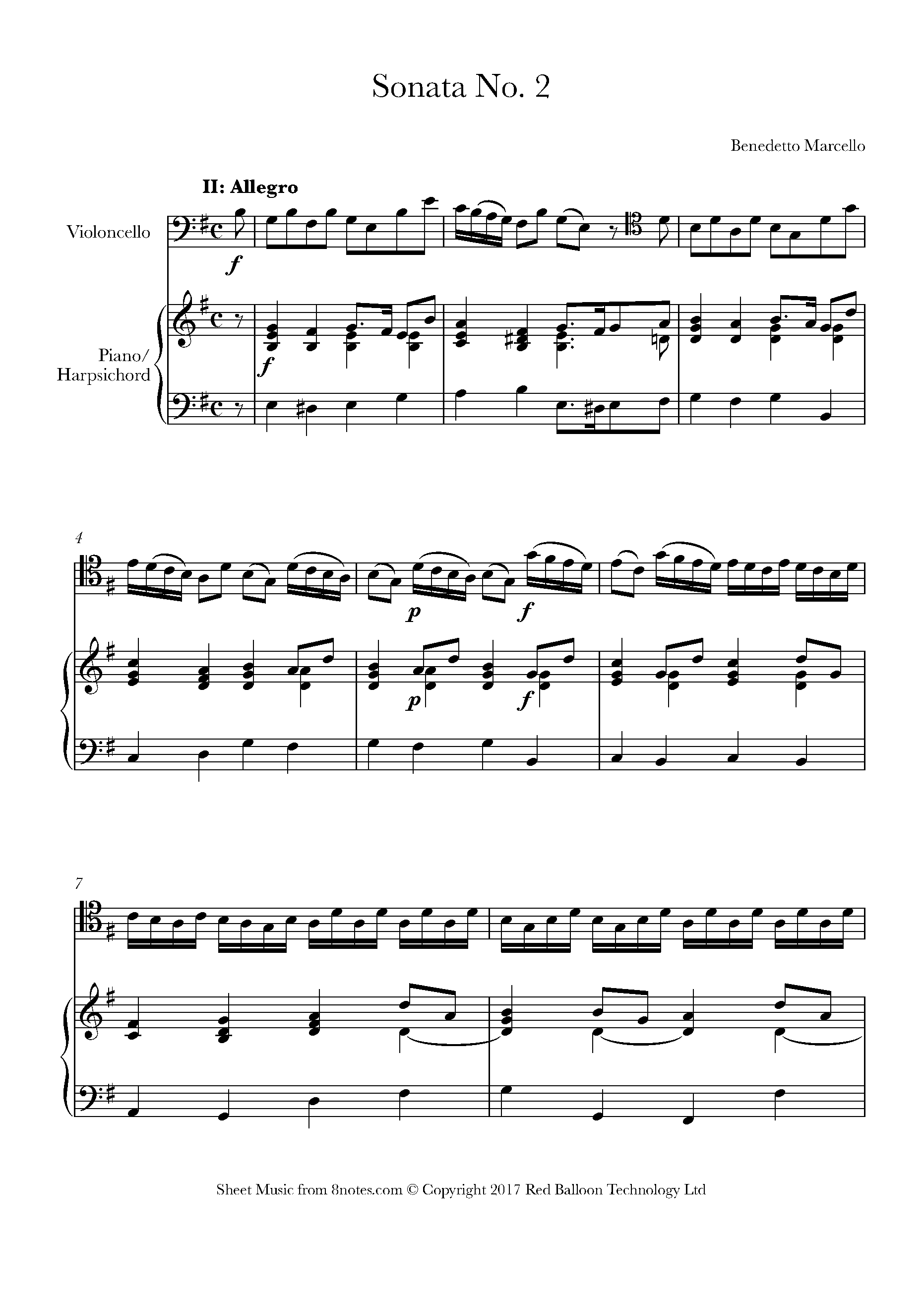 Marcello - Sonata No. 2 Op.2 Allegro Sheet Music For Cello - 8notes.com