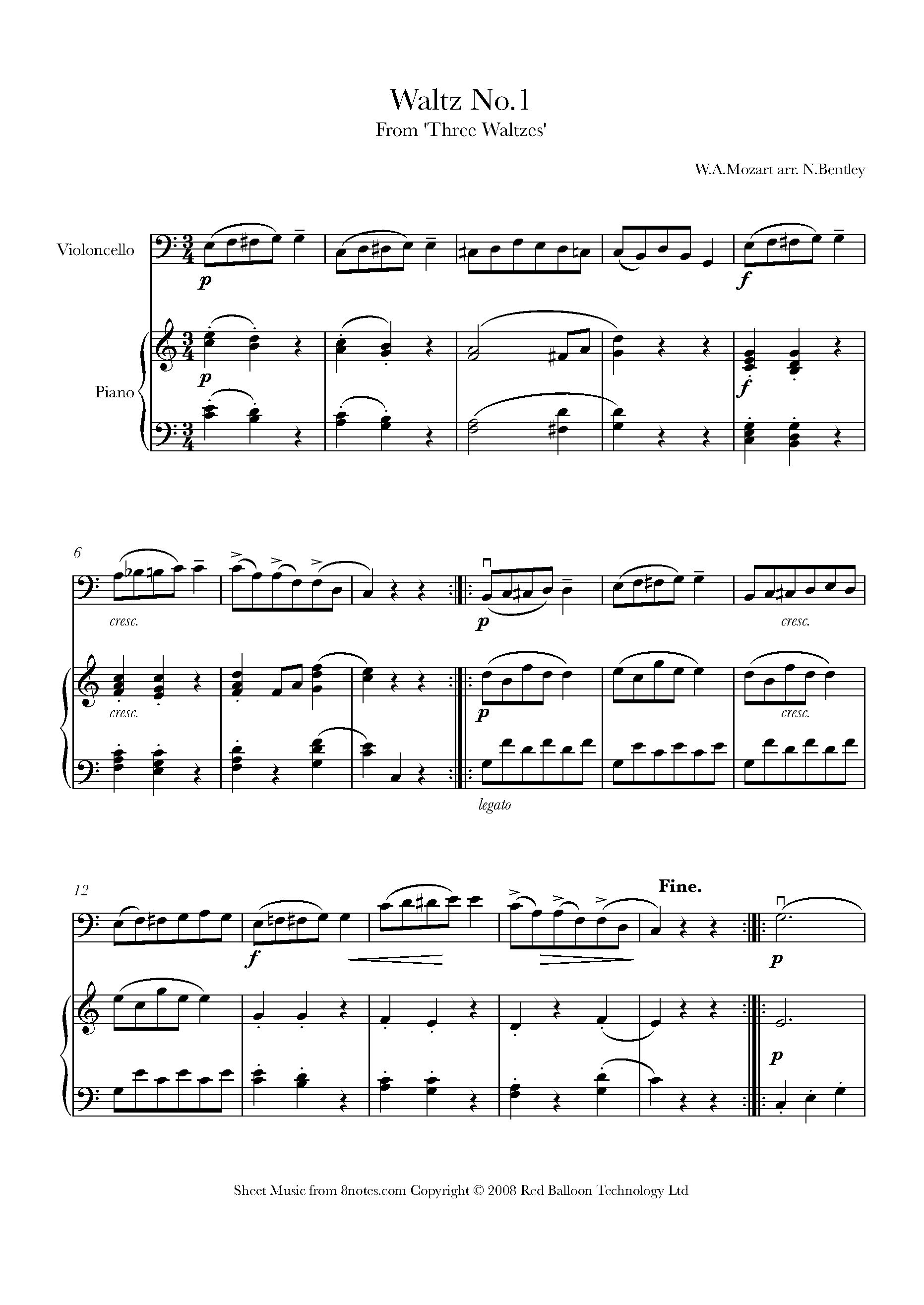 Mozart - Waltz no.1 from Three Waltzes Sheet music for Cello - 8notes.com