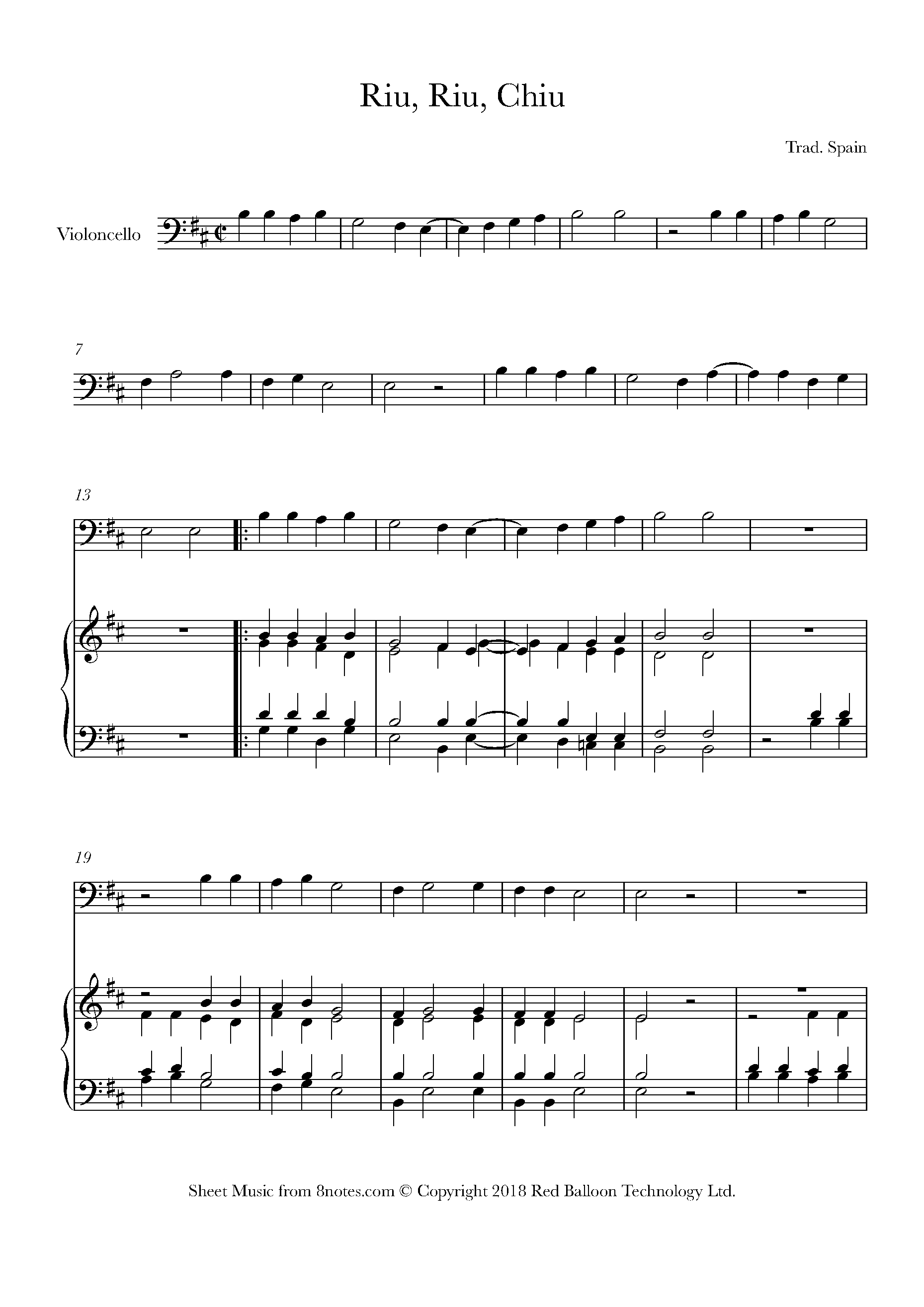 anon - Riu, Riu, Chiu Sheet music for Cello - 8notes.com