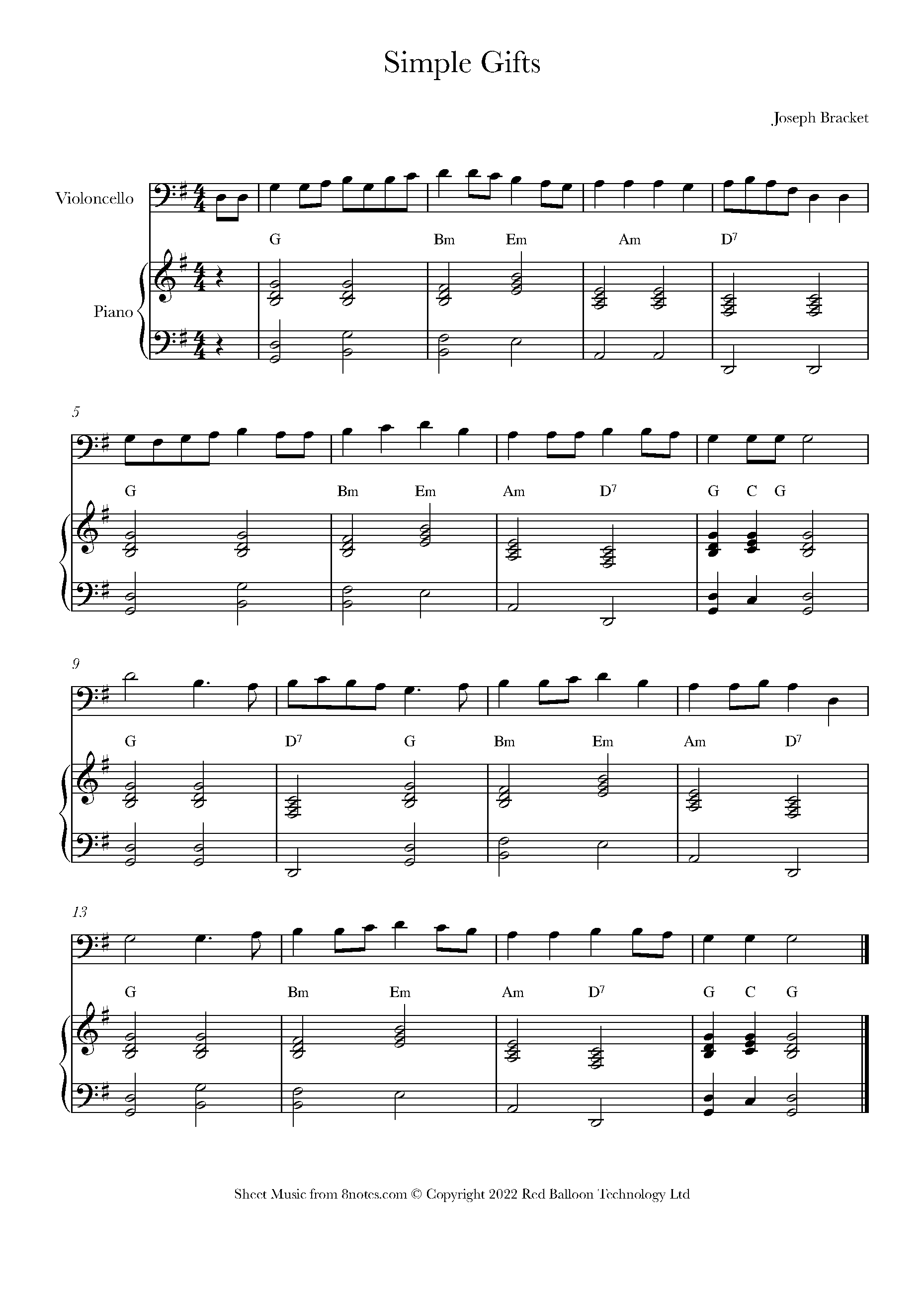 Simple Gifts (appalachian shaker song) Sheet music for Cello - 8notes.com