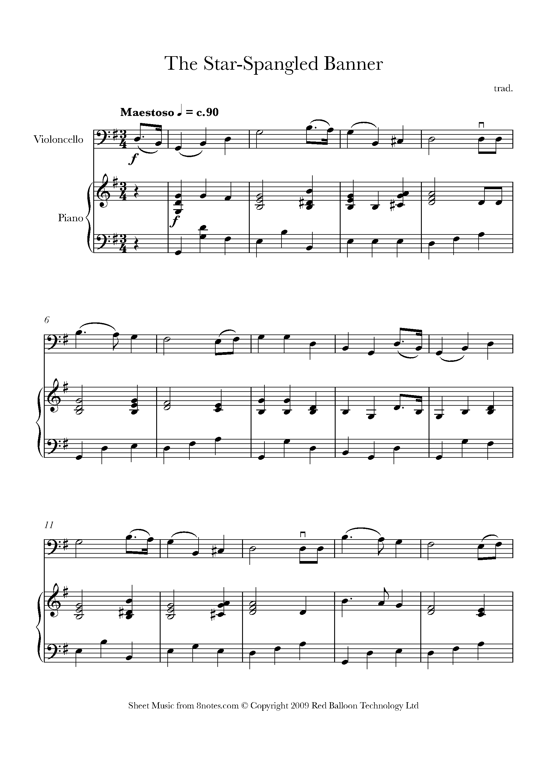 Star Spangled Banner Sheet music for Cello - 8notes.com