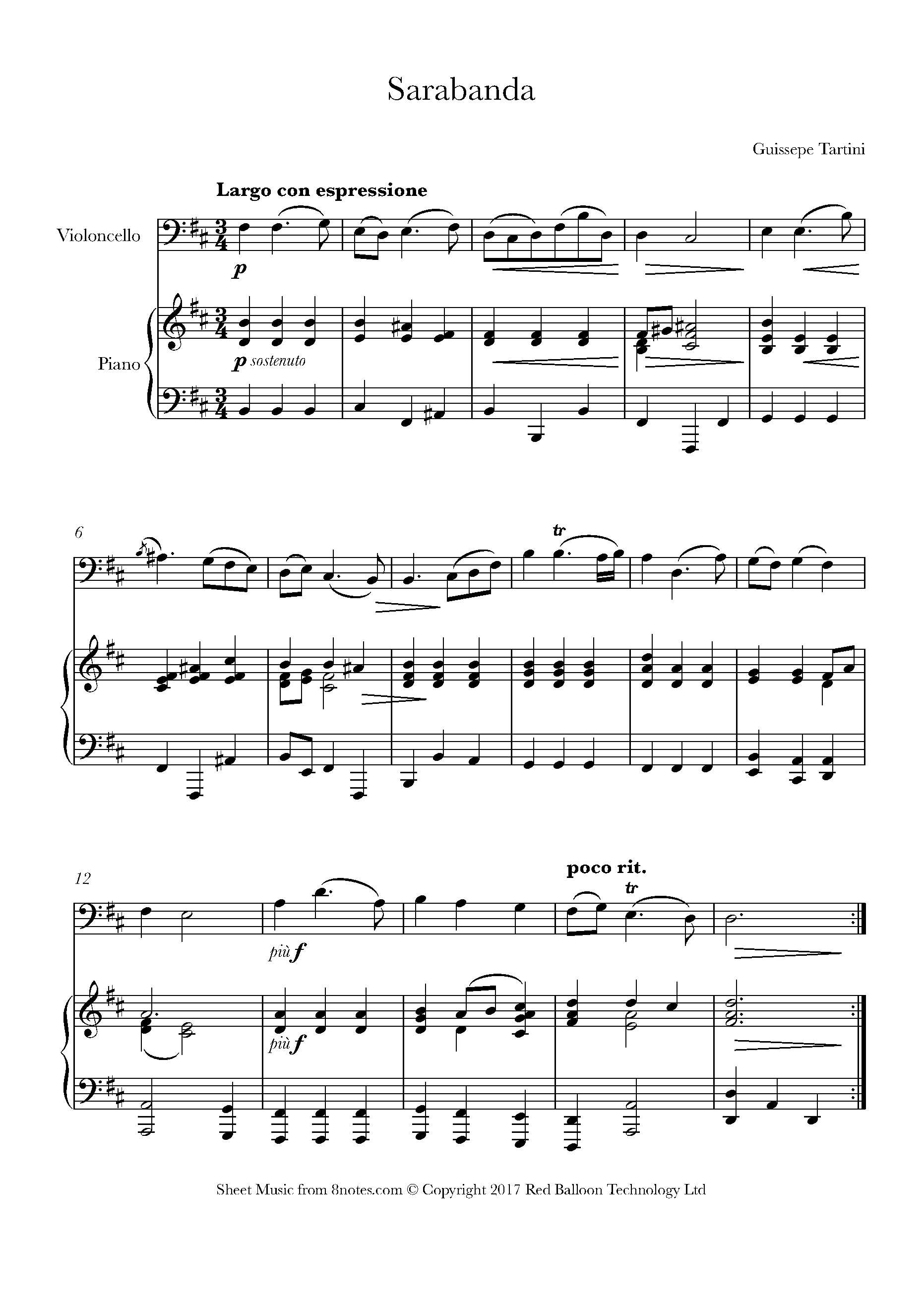 Tartini - Sarabanda Sheet music for Cello - 8notes.com