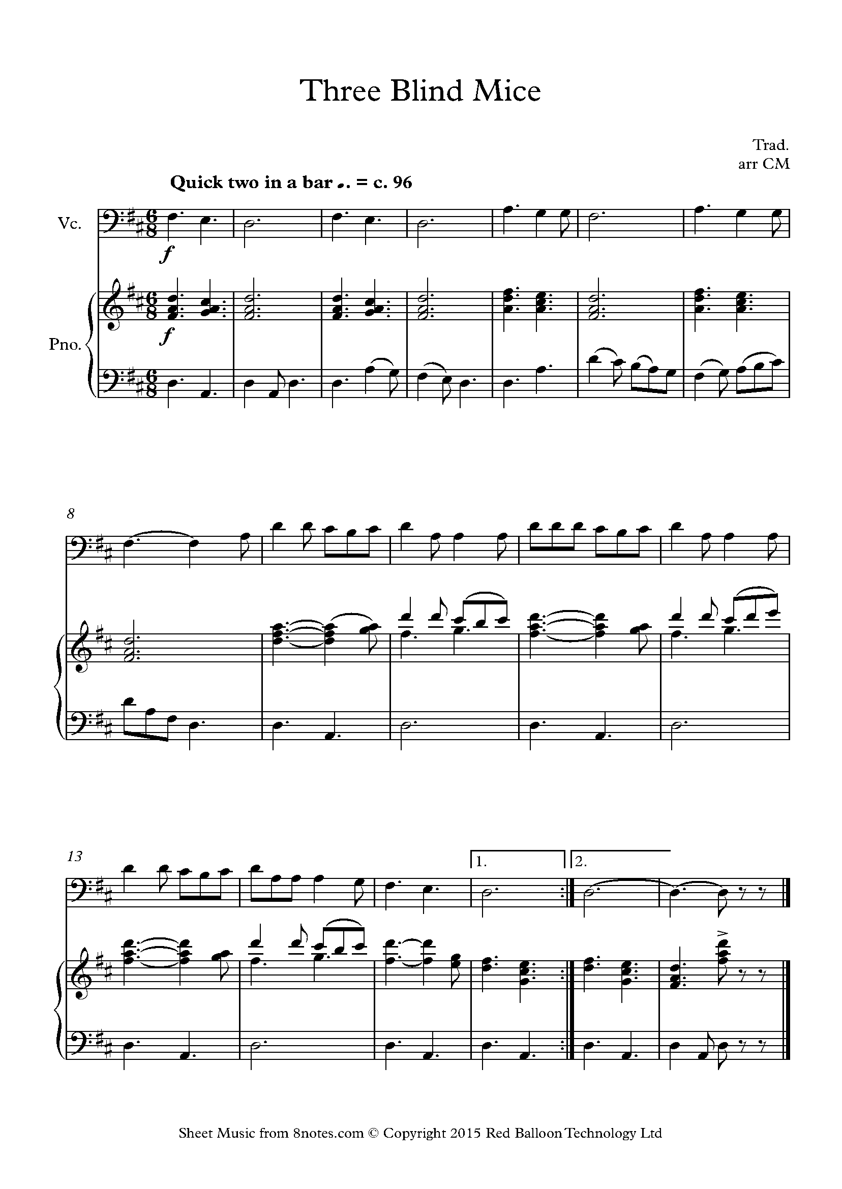 Three Blind Mice Sheet music for Cello - 8notes.com