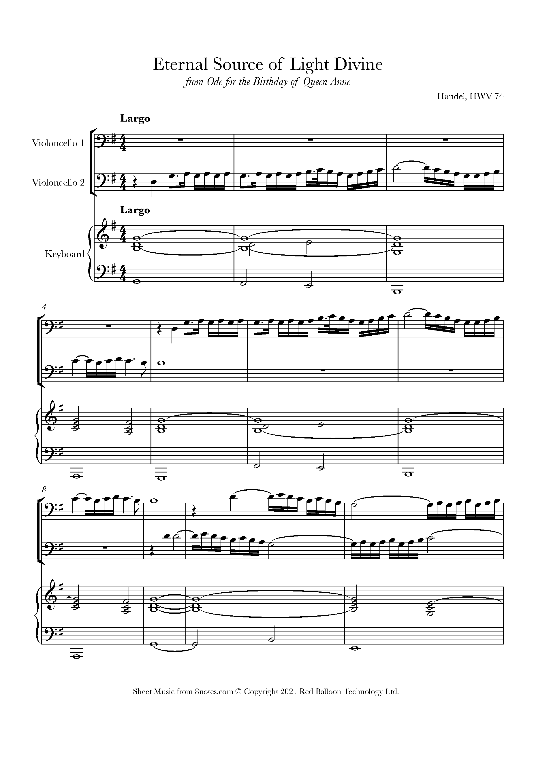 Handel, George Frideric - Eternal Source of Light Divine (No. from Ode for the Birthday of Queen Anne, HWV 74) Sheet music for Cello Duet - 8notes.com