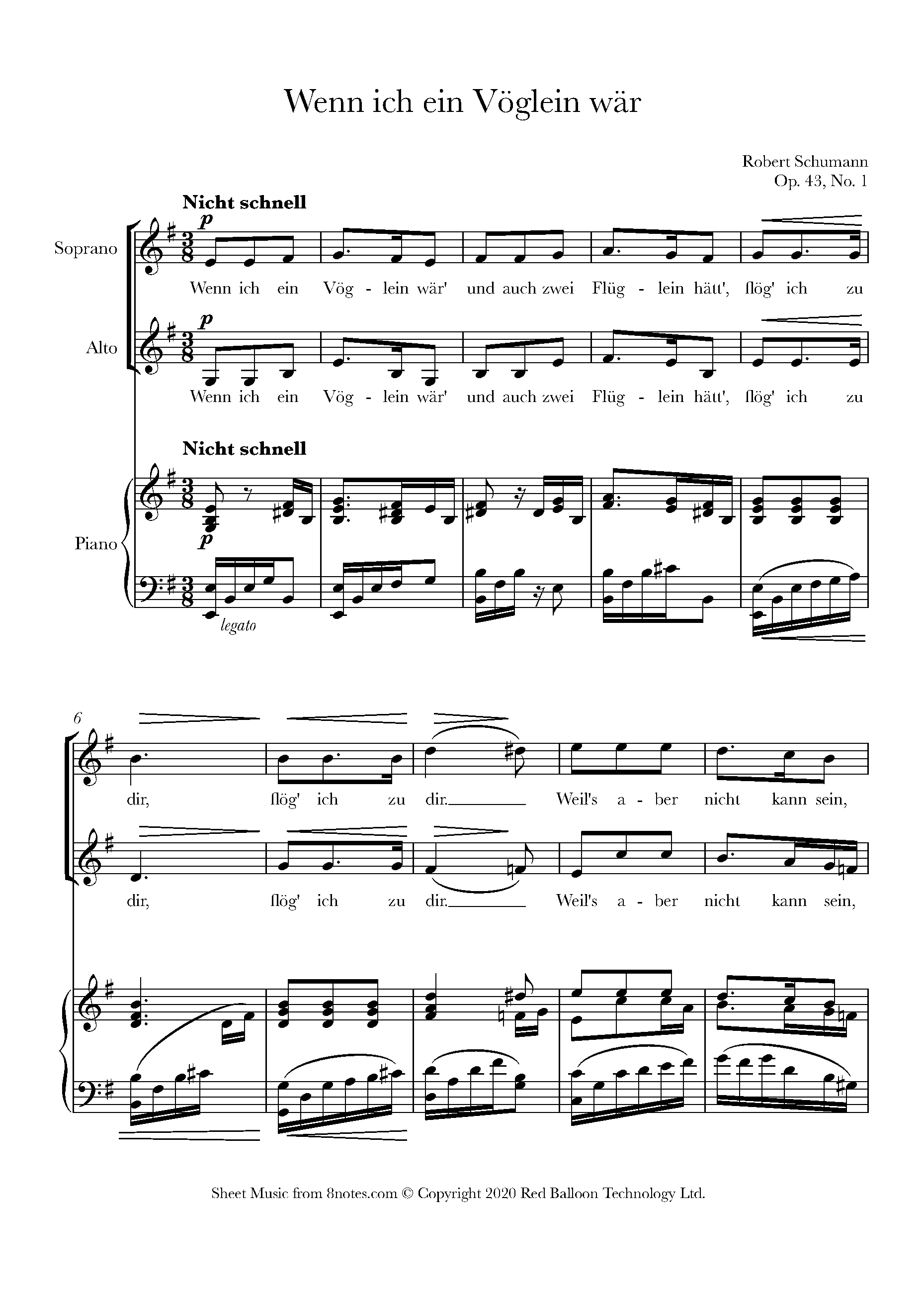 Schumann, Robert - Wenn Ich Ein Voglein War Sheet Music For Choir 