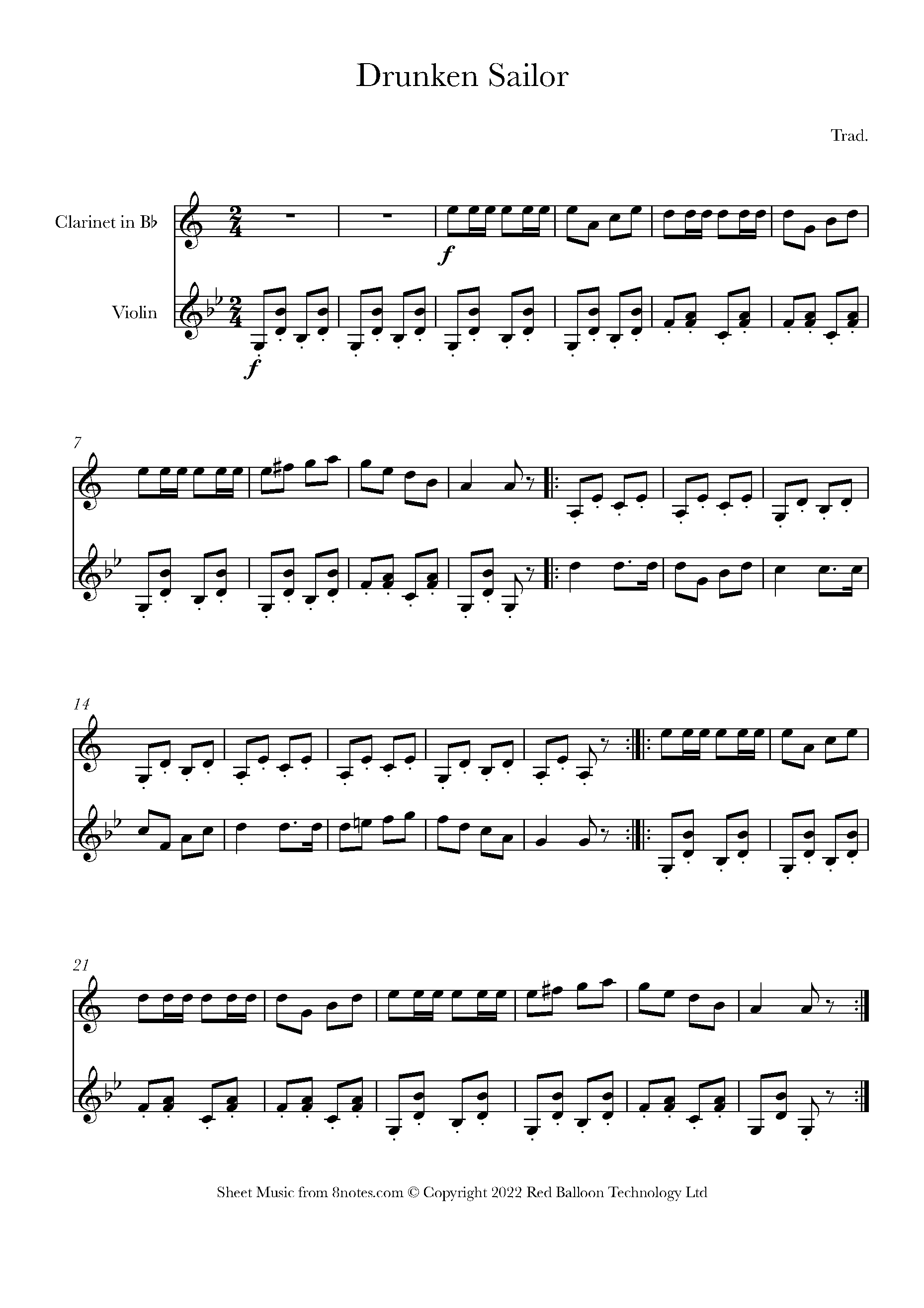 What Shall We Do With A Drunken Sailor Sheet Music For Clarinet Violin Duet 