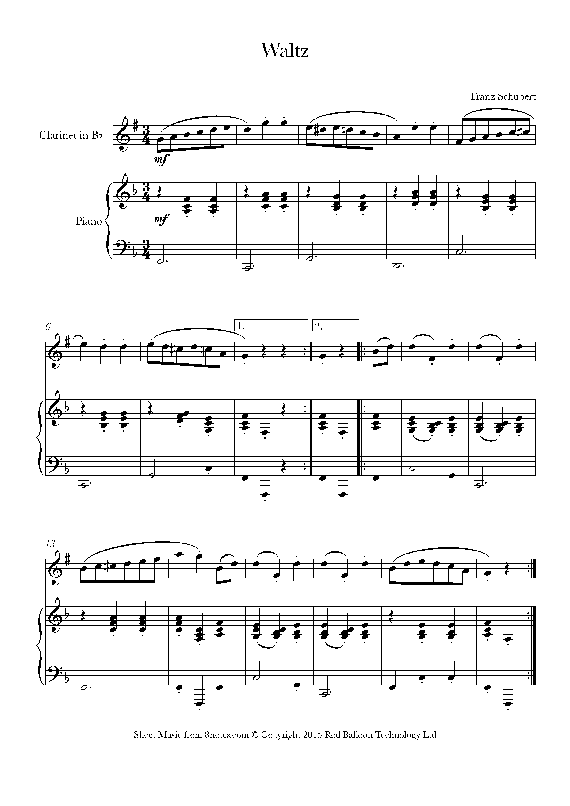 Schubert - Waltz in A Sheet music for Clarinet - 8notes.com