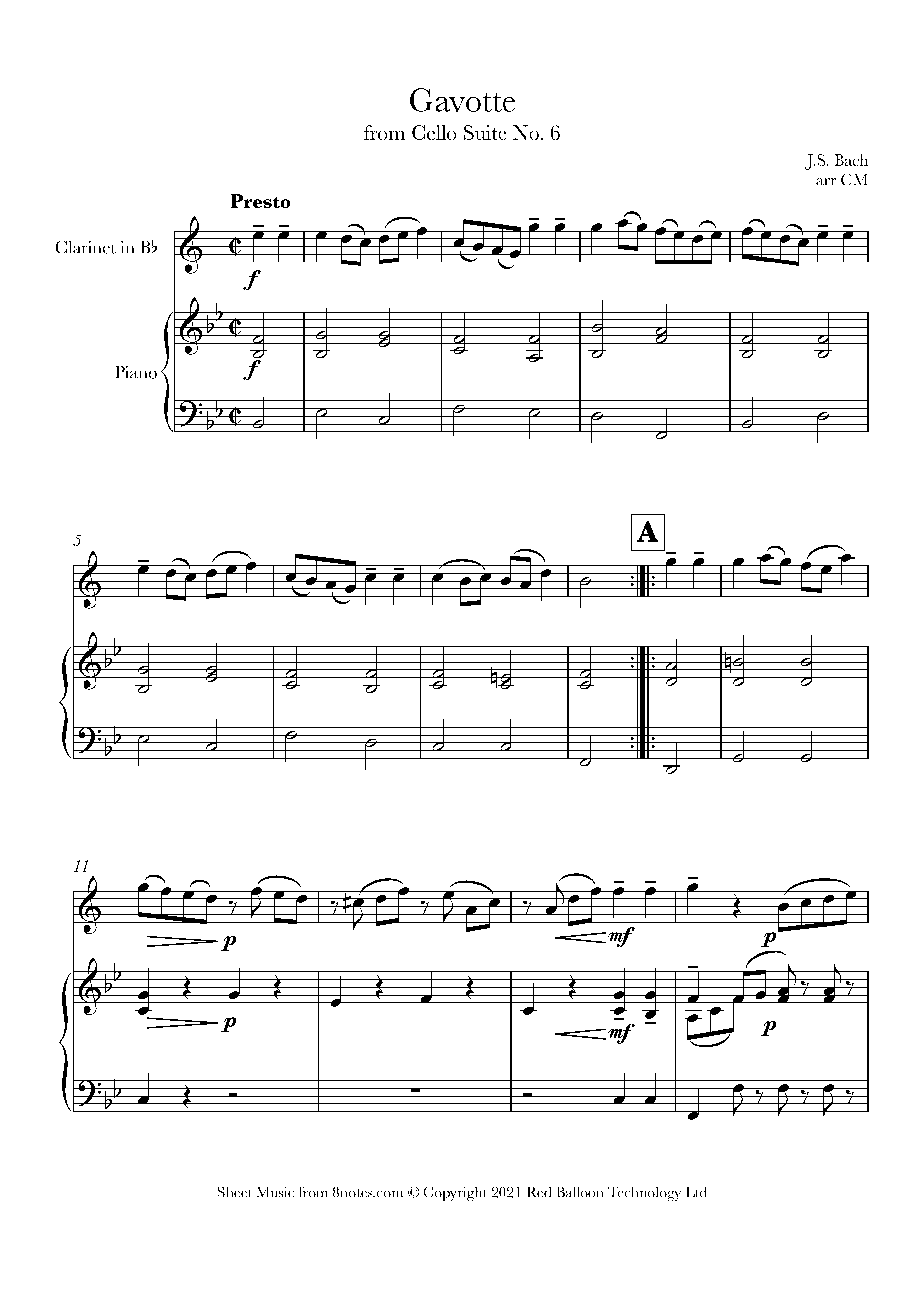 Bach - Gavotte from Cello Suite No.6 Sheet music for Clarinet - 8notes.com