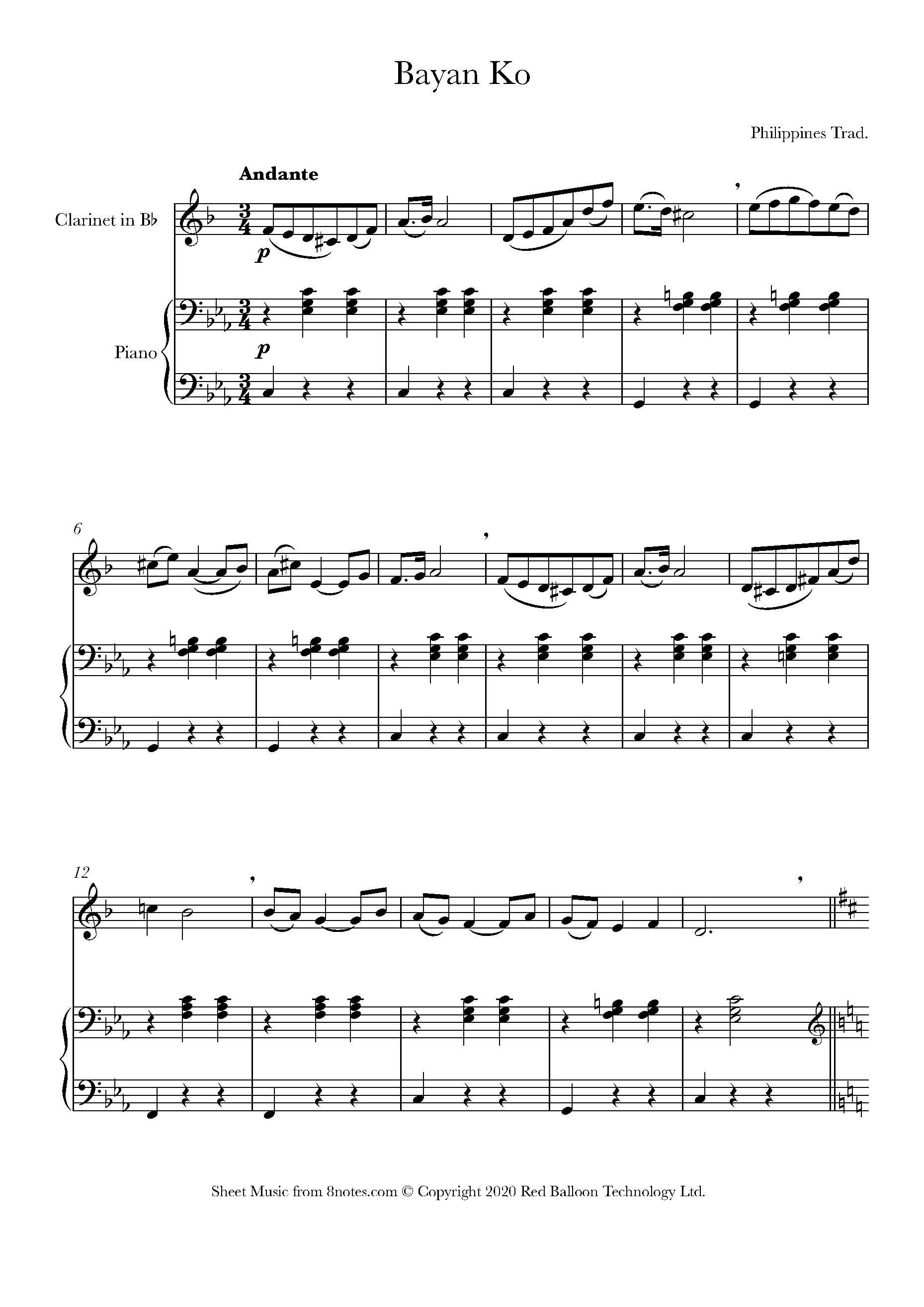 Bayan Ko (Philippines Trad.) Sheet music for Clarinet - 8notes.com