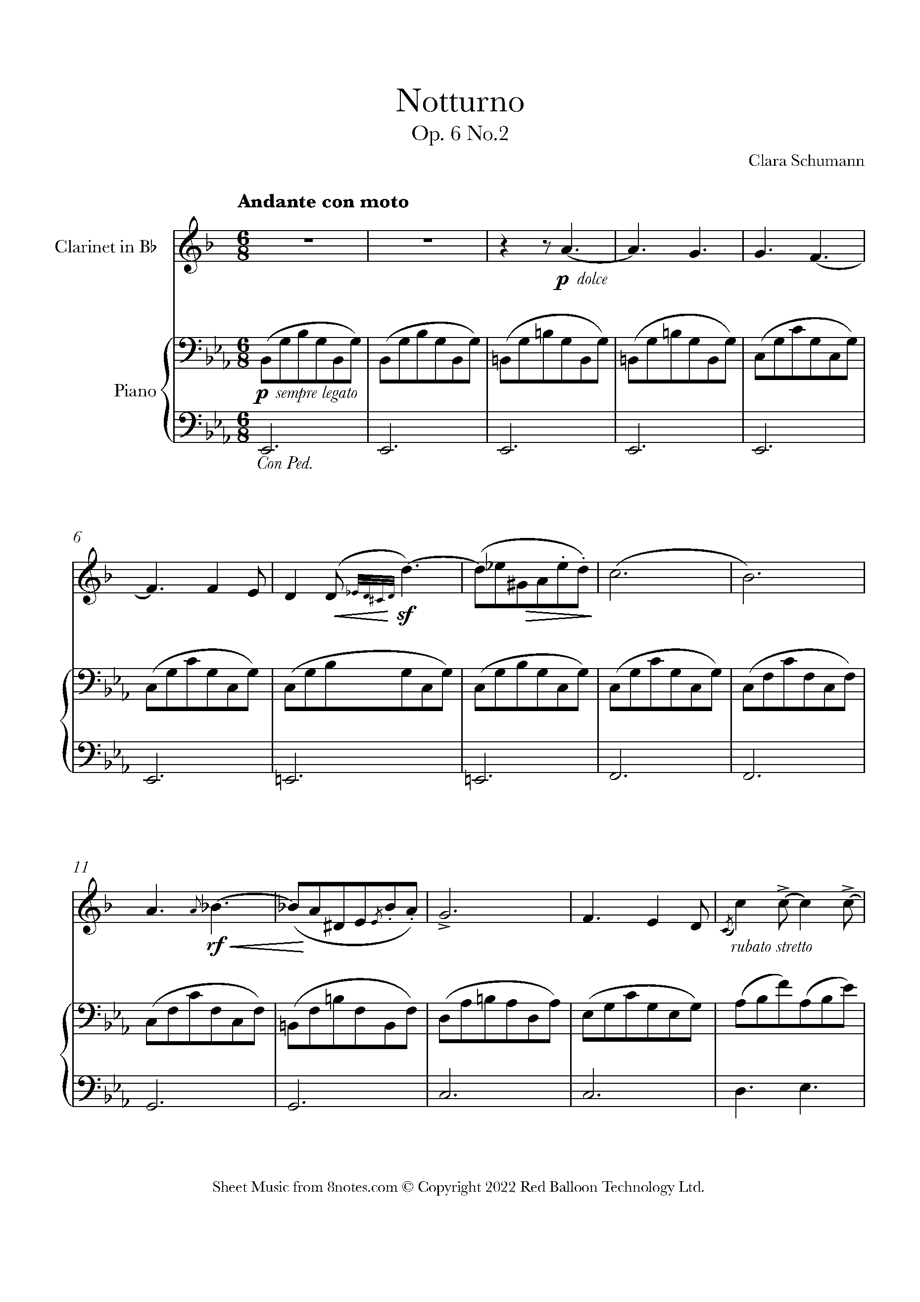 Schumann - Notturno Op.6 No.2 Sheet music for Clarinet - 8notes.com