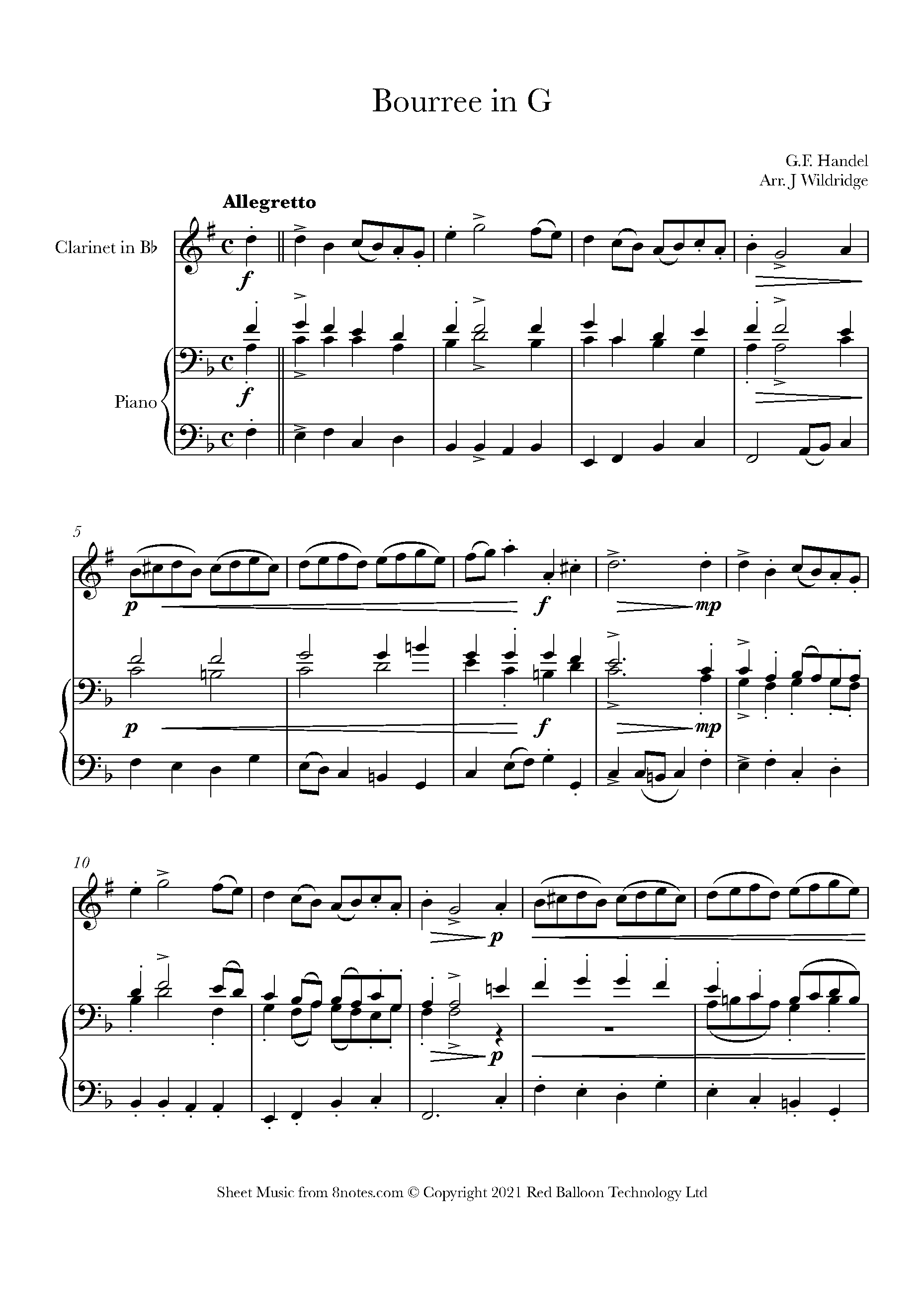 Handel - Bourree In G Sheet Music For Clarinet - 8notes.com