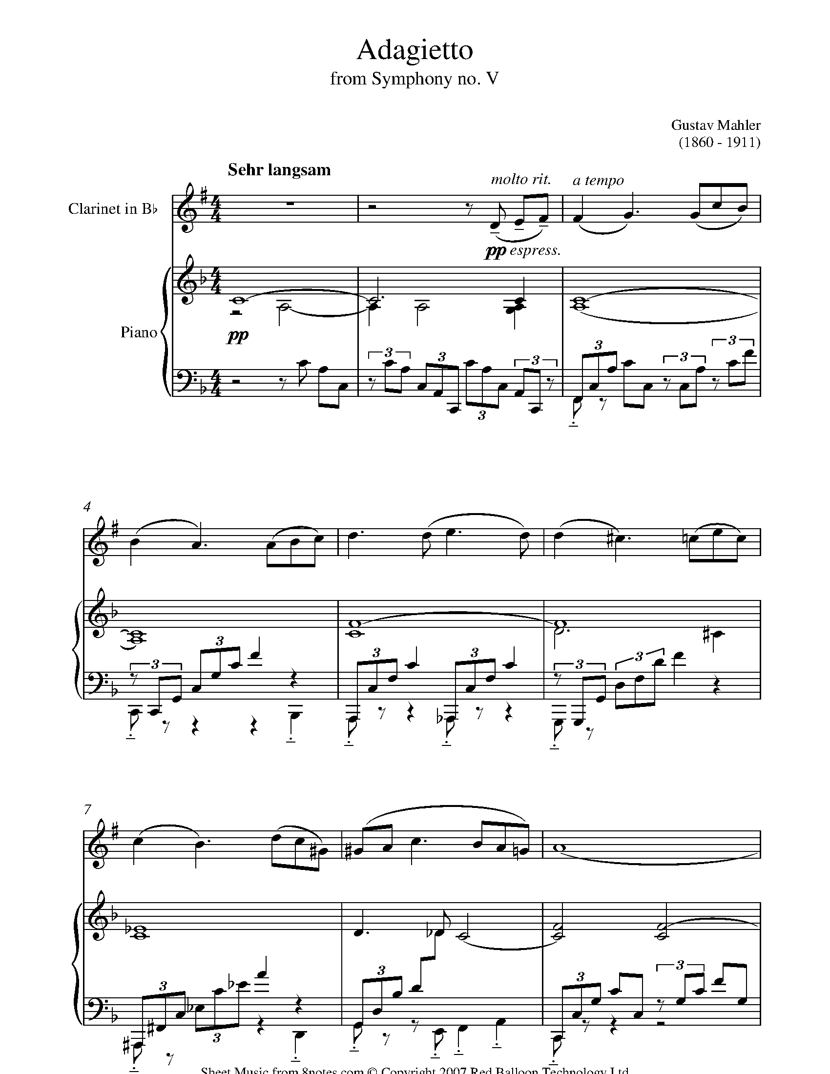 Mahler - Adagietto from Symphony No.5 Sheet music for Clarinet - 8notes.com