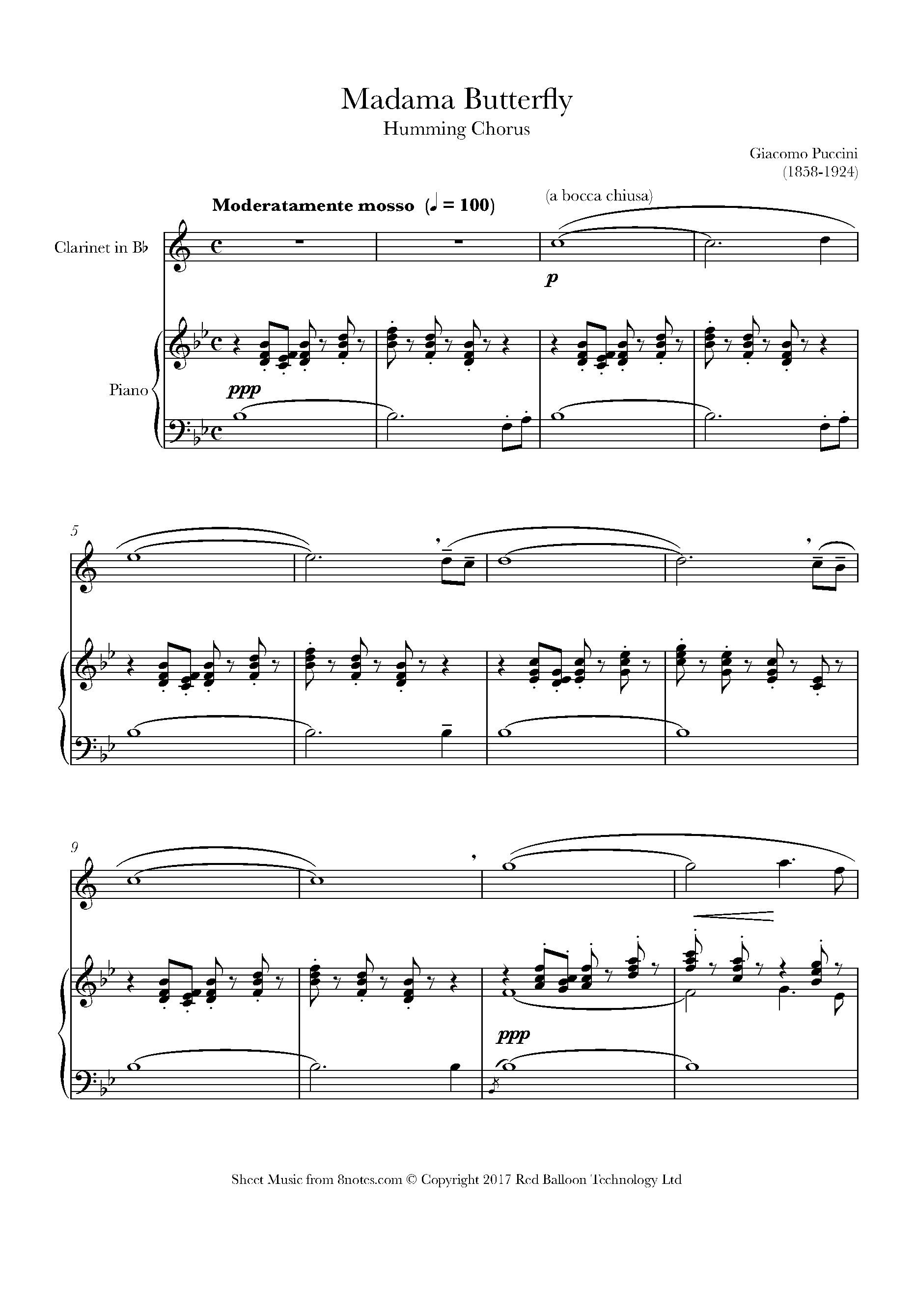 Puccini - Humming Chorus From Madame Butterfly Sheet Music For Clarinet ...