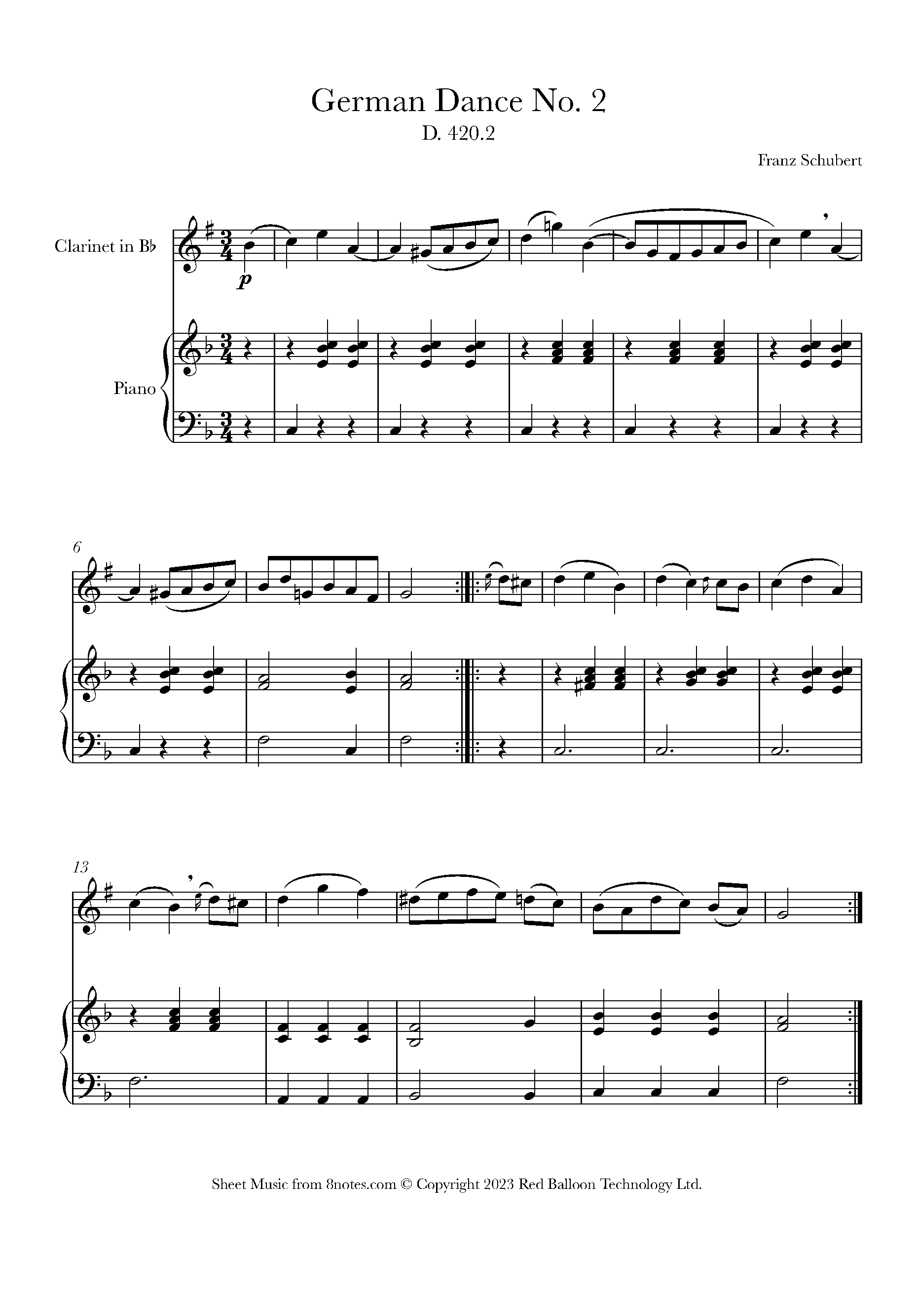 Schubert - German Dance, D.420, No. 2 Sheet music for Clarinet - 8notes.com