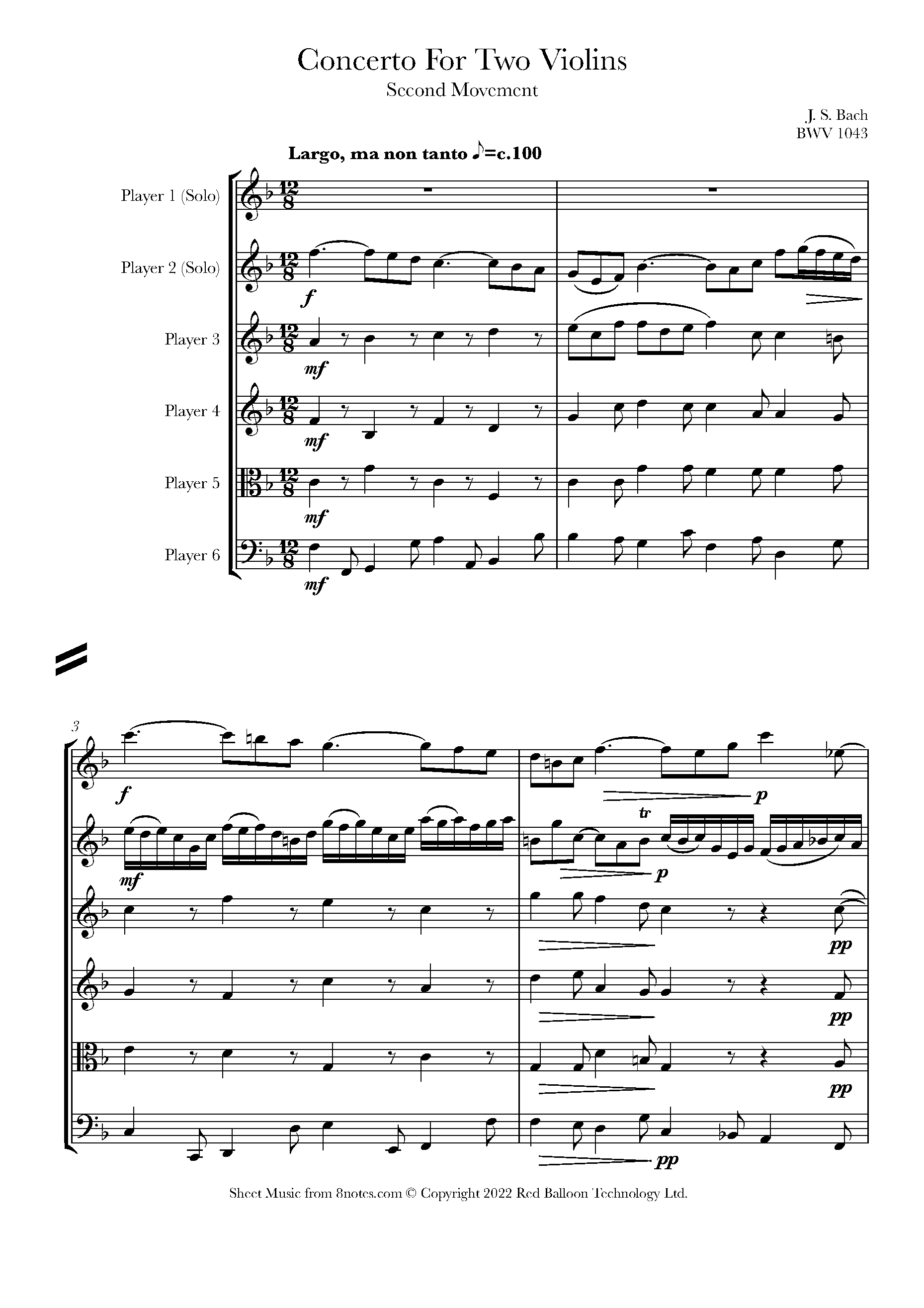 Bach - Concerto For Two Violins Bwv 1043 (slow Movement Complete) Sheet 