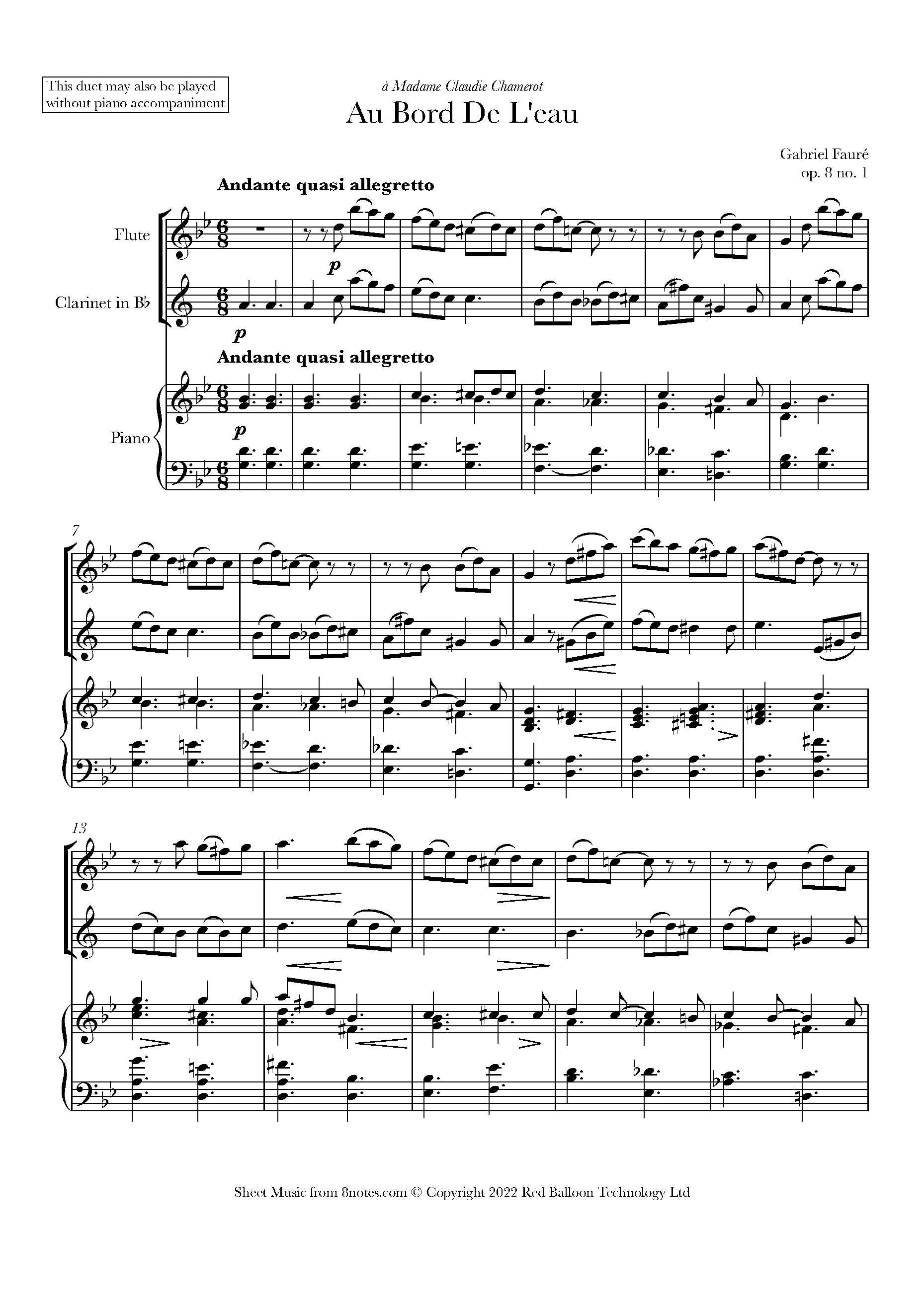 ﻿Fauré - Au Bord De L'eau Sheet music for Flute-Clarinet Duet - 8notes.com