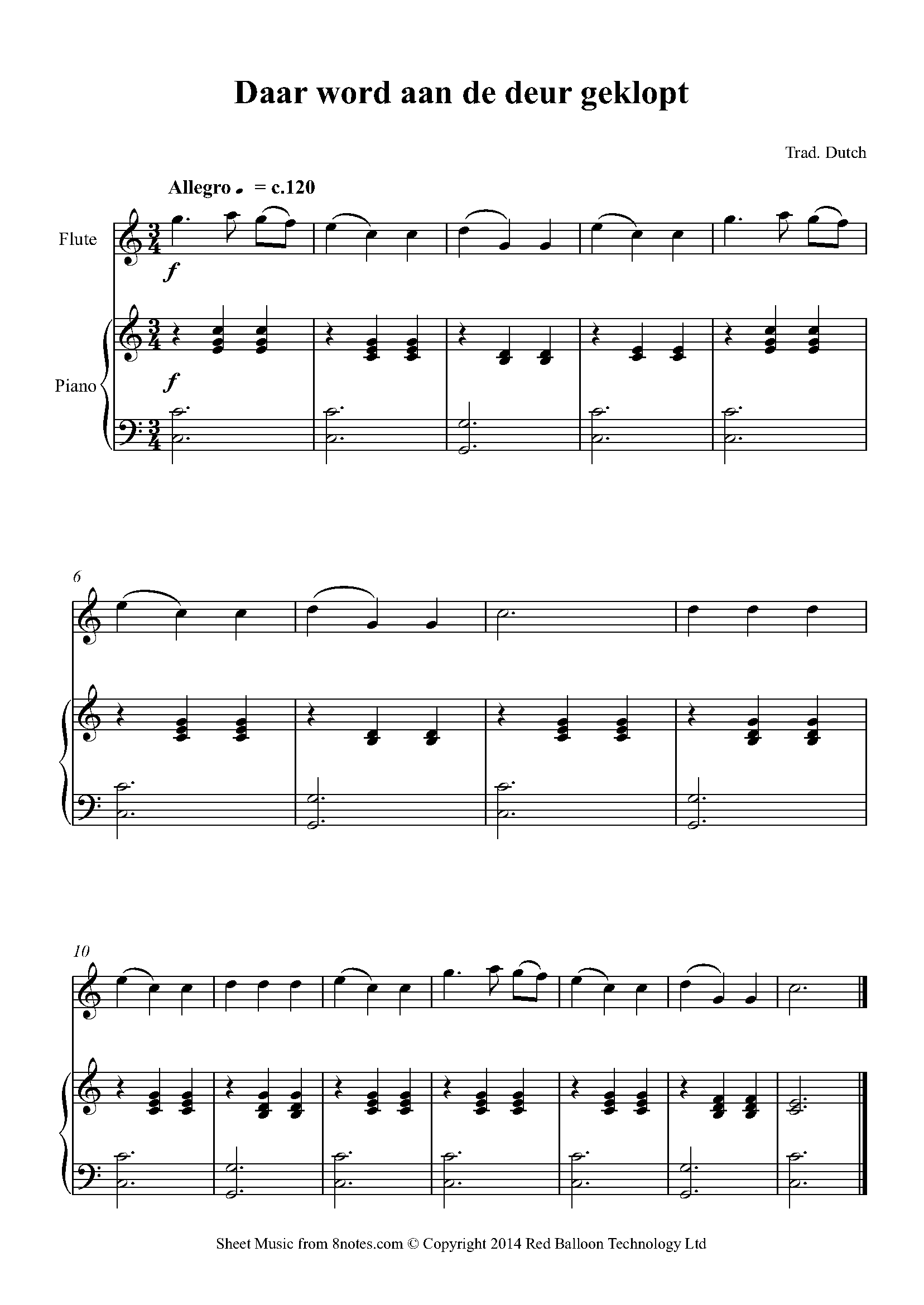 minstens creëren monteren Daar wordt aan de deur geklopt (Traditional Dutch) Sheet music for Flute -  8notes.com