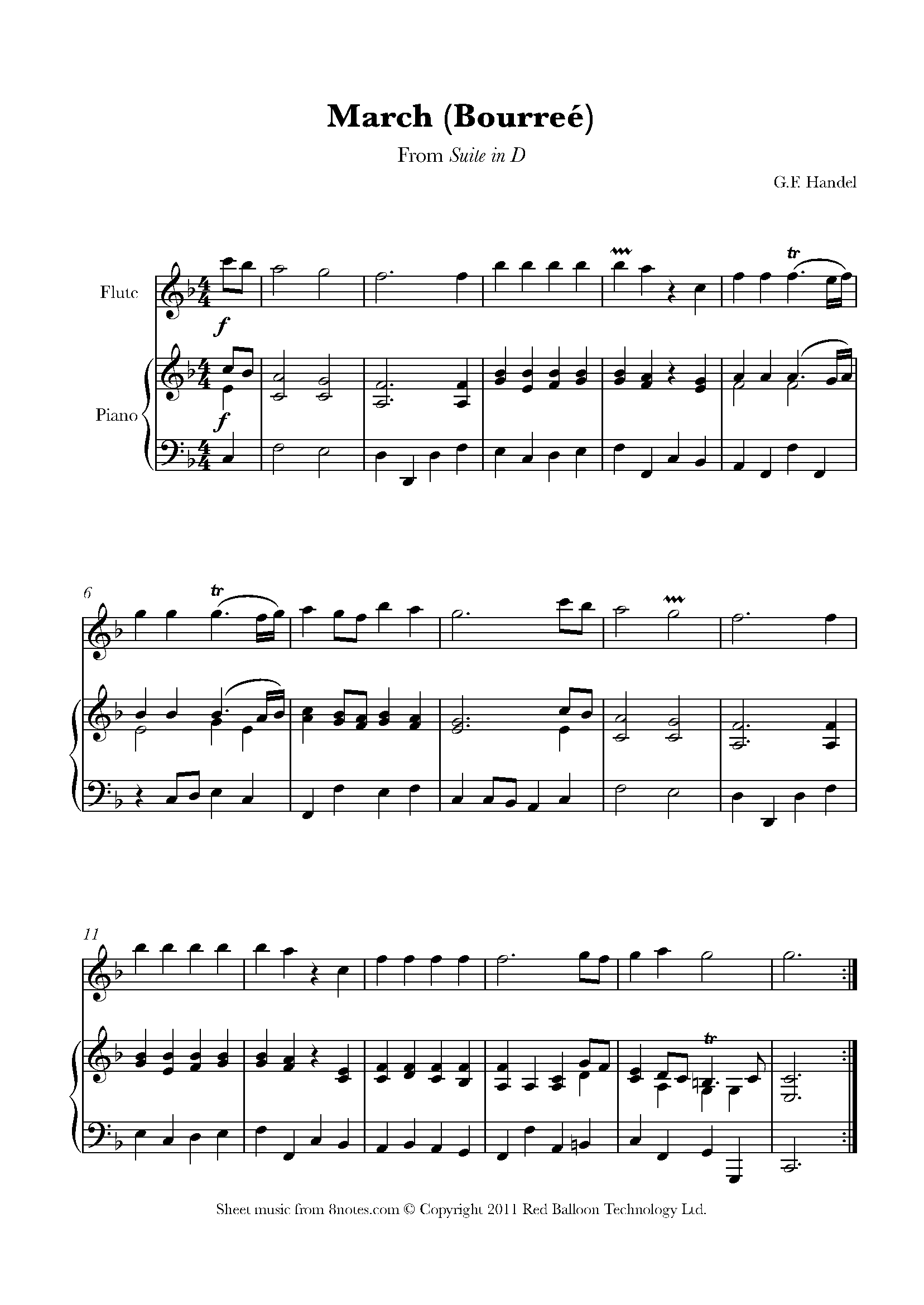 Handel - March -bourree From Suite In D Sheet Music For Flute - 8notes.com