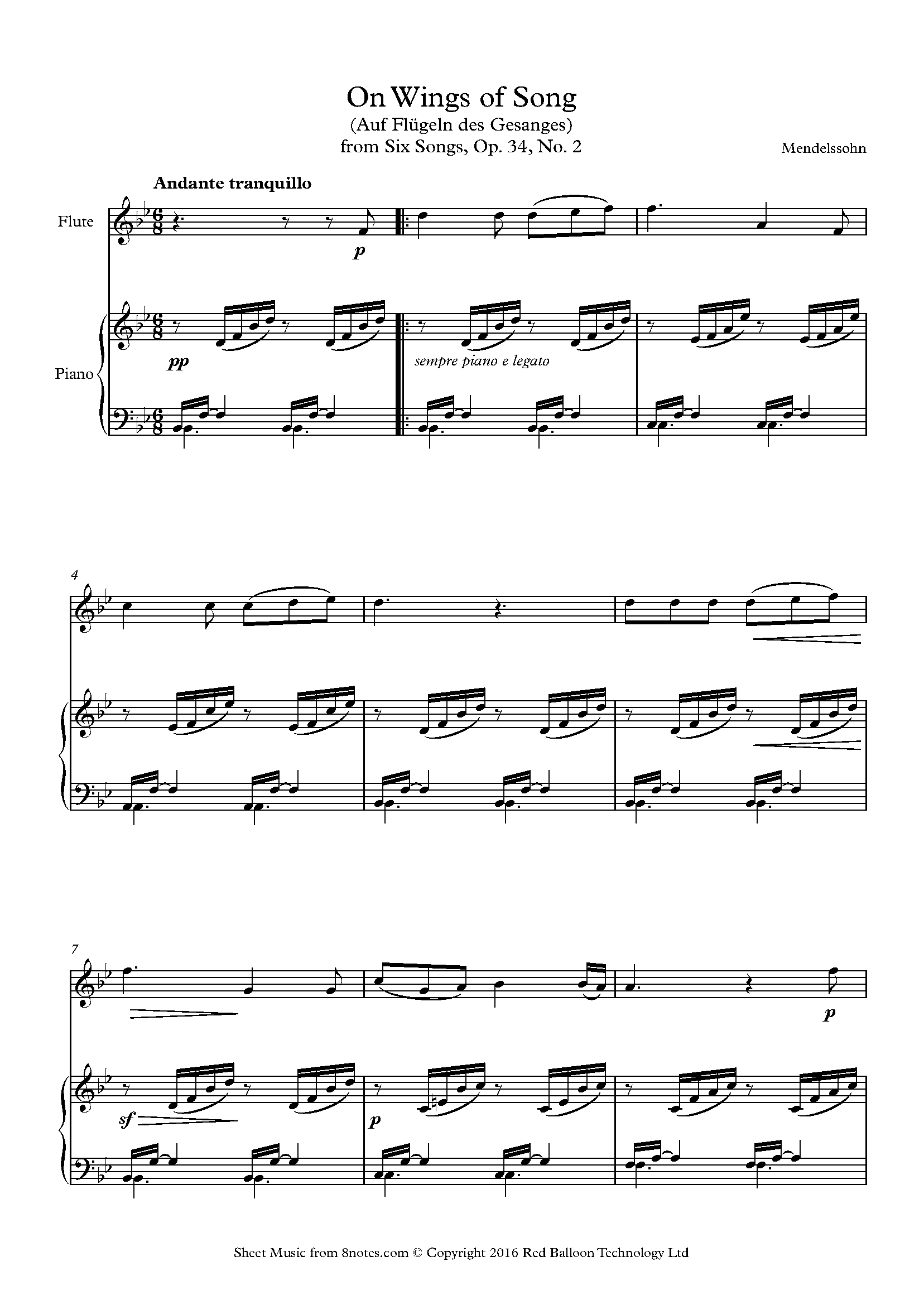 Mendelssohn On Wings Of Song Auf Flugeln Des Gesanges From Six Songs Op 34 No 2 Sheet Music For Flute 8notes Com