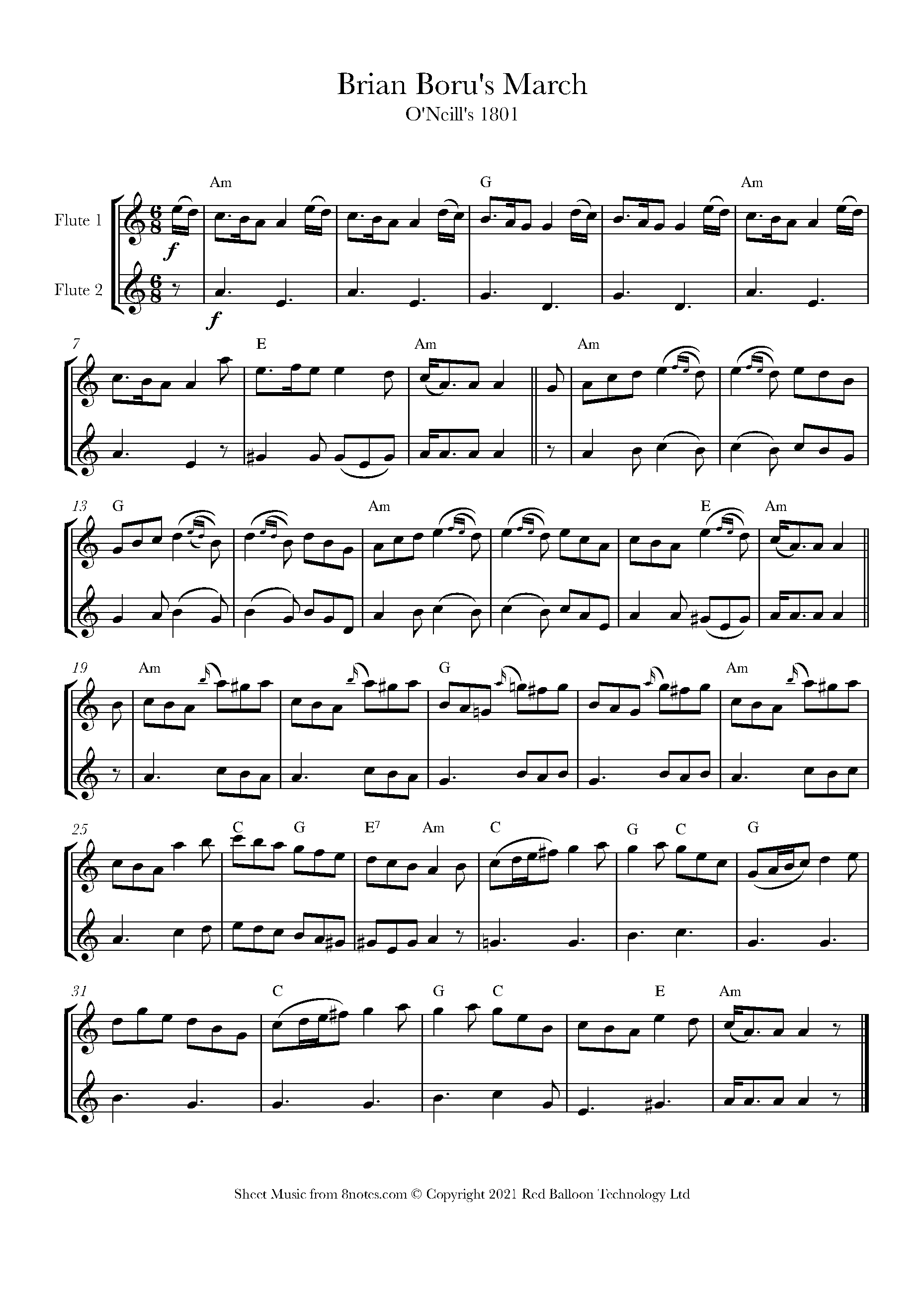 Brian Boru's March (Irish trad.) Sheet music for Flute Duet - 8notes.com