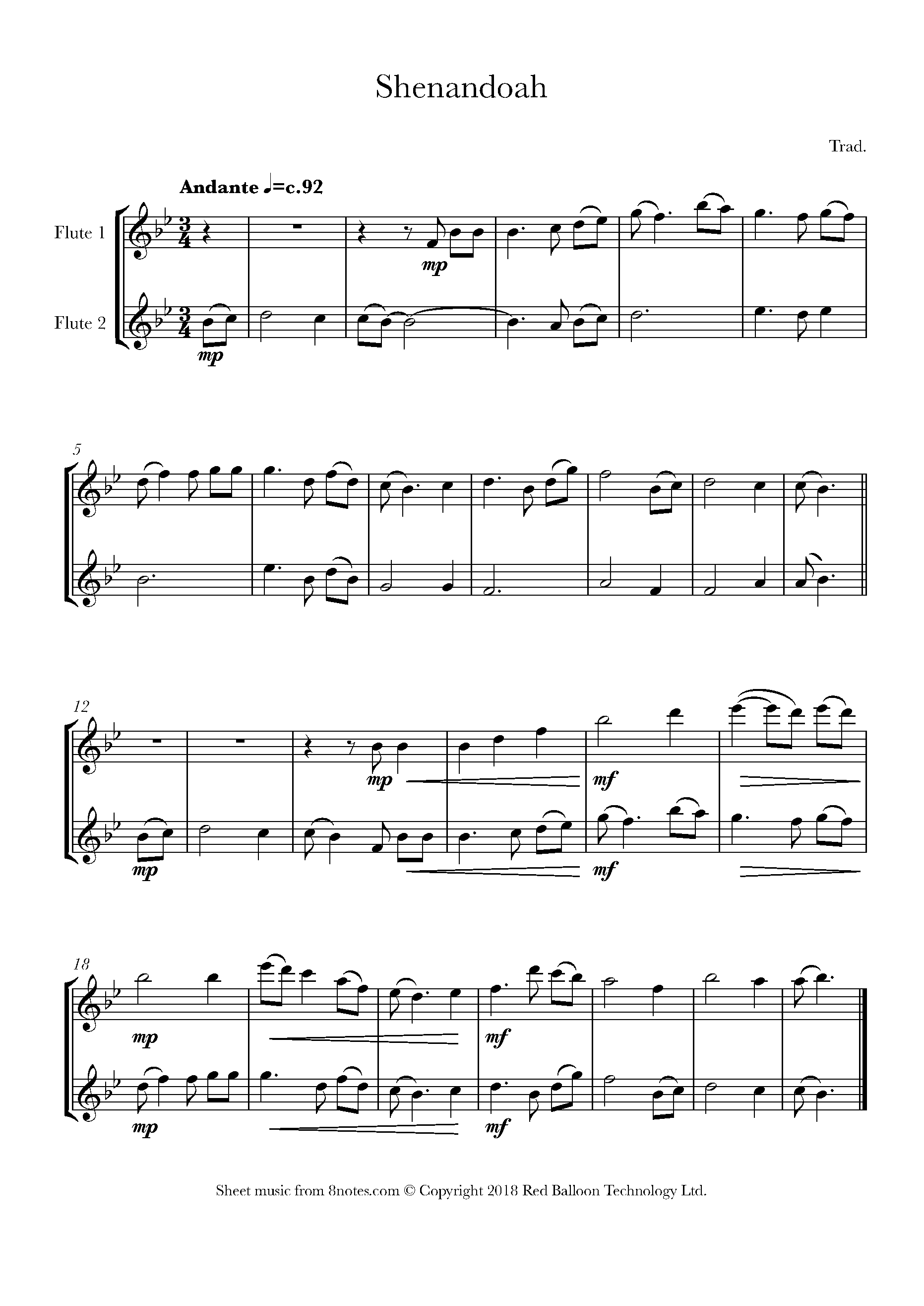 Shenandoah Flute Sheet Music