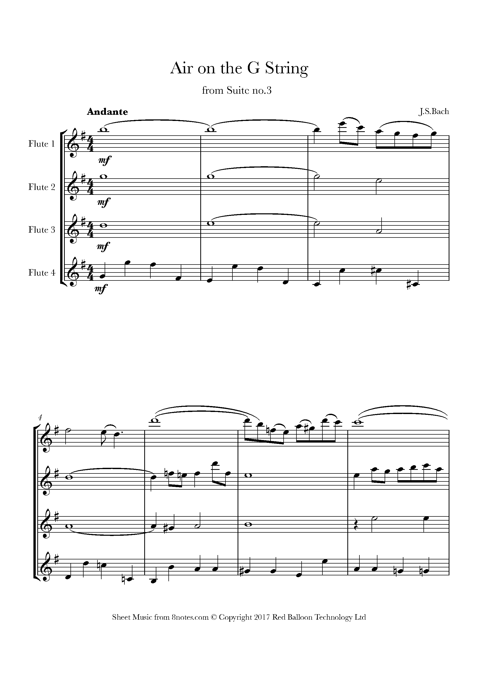 Bach - Air on a G String Sheet music for Flute Quartet - 8notes.com