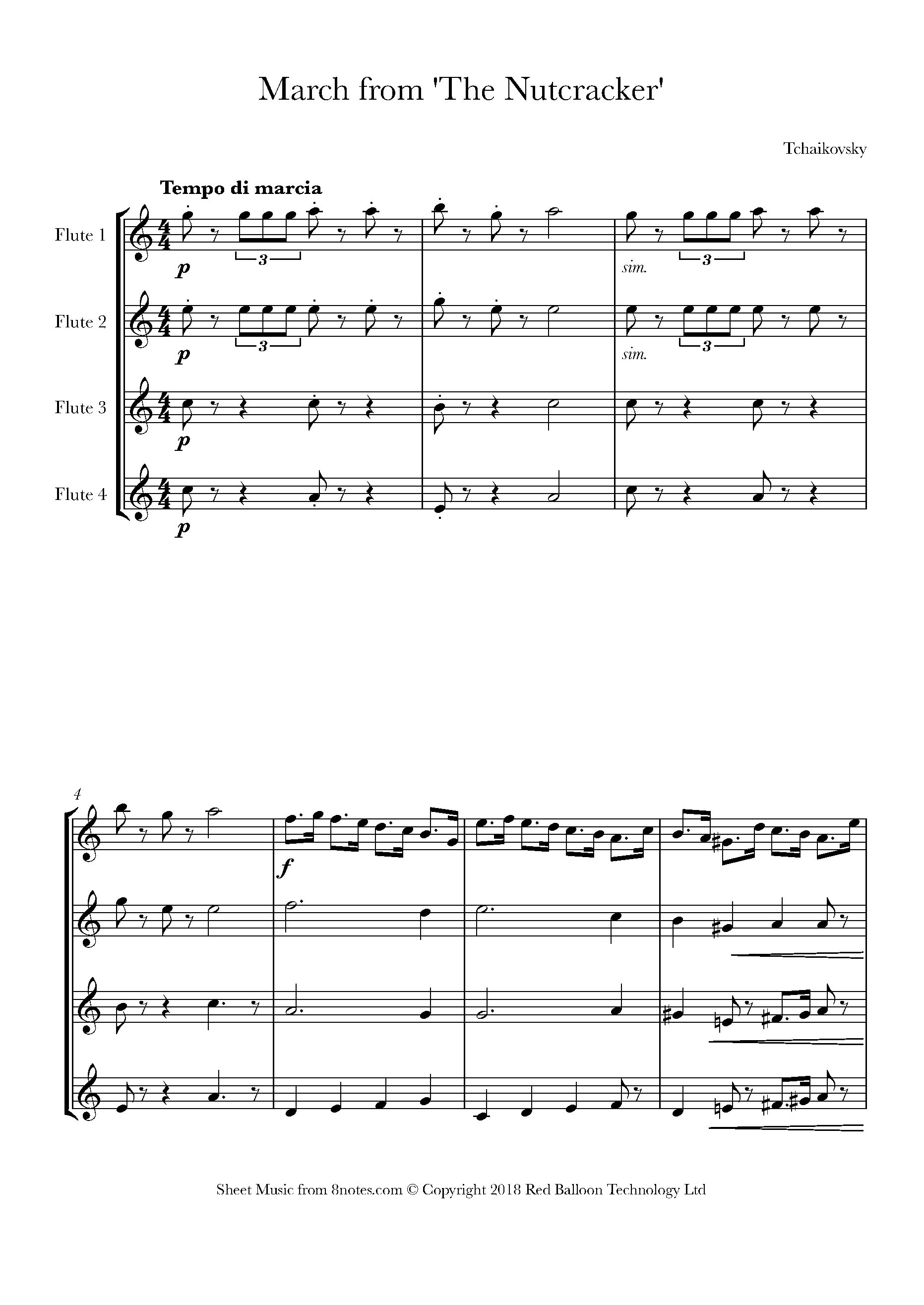 Tchaikovsky - March From Nutcracker Sheet Music For Flute Quartet 