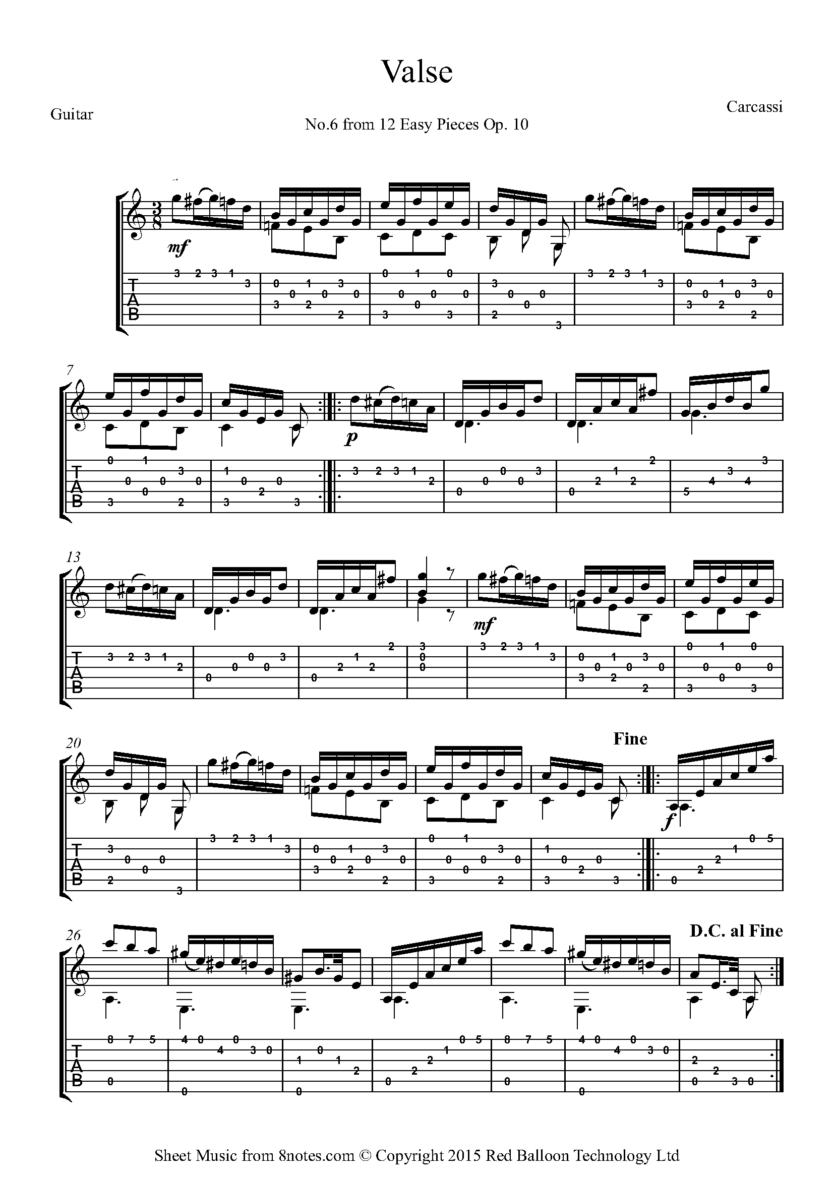 Carcassi - Valse No.6 from 12 Easy Pieces Op. 10 Sheet music for Guitar ...