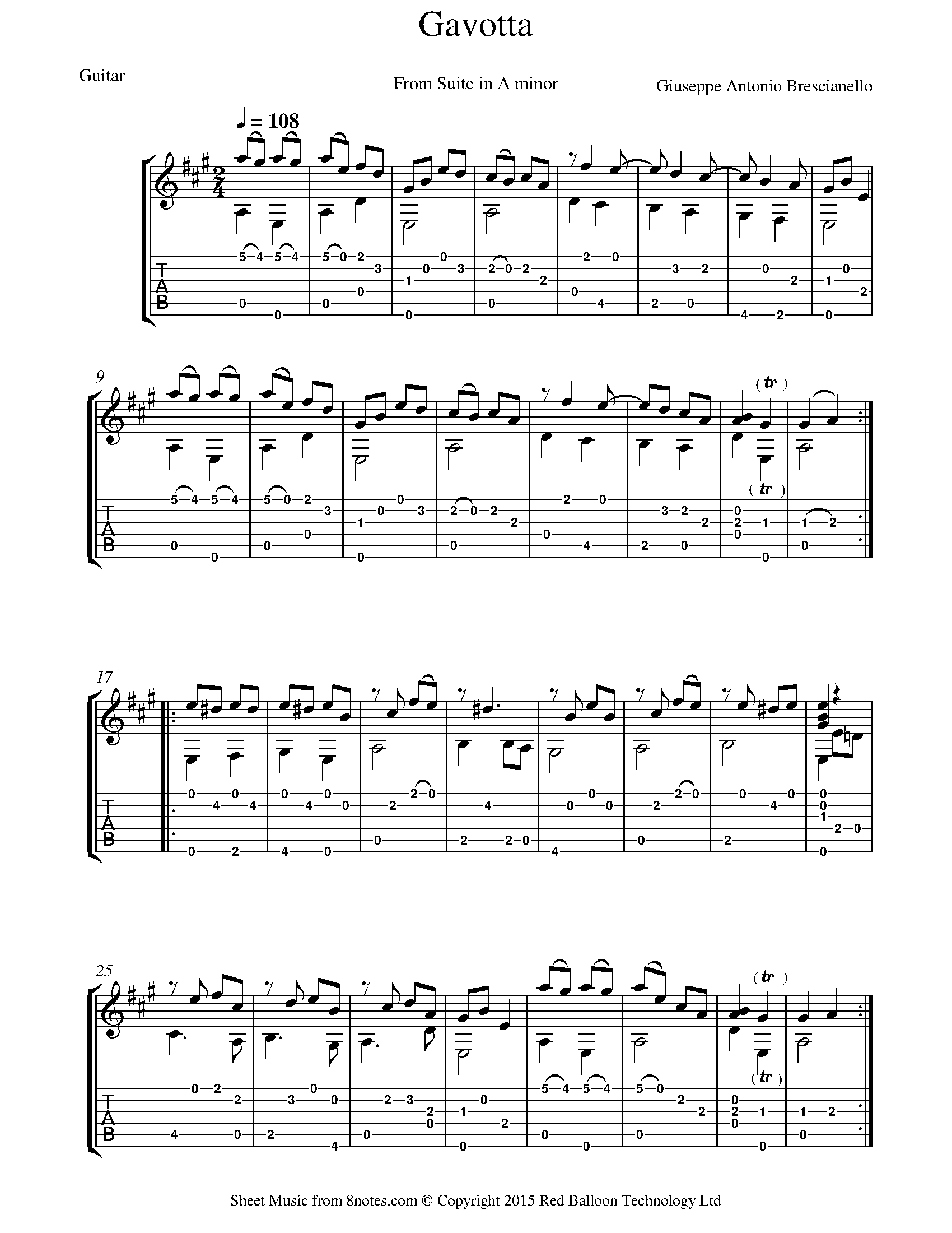 Brescianello - Gavotta From Suite in A minor Sheet music for Guitar ...