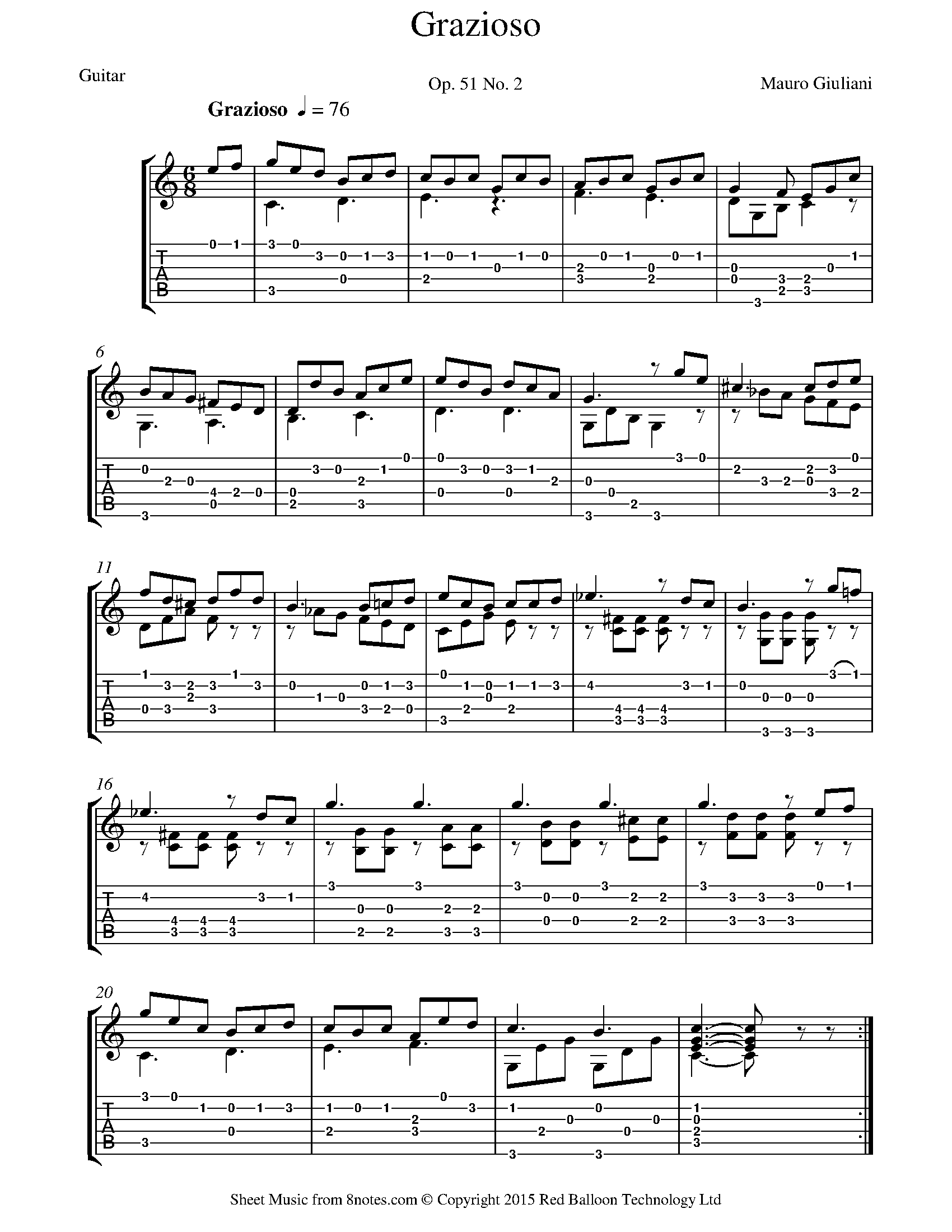 Giuliani - Grazioso Op.51 No.2 Sheet music for Guitar - 8notes.com