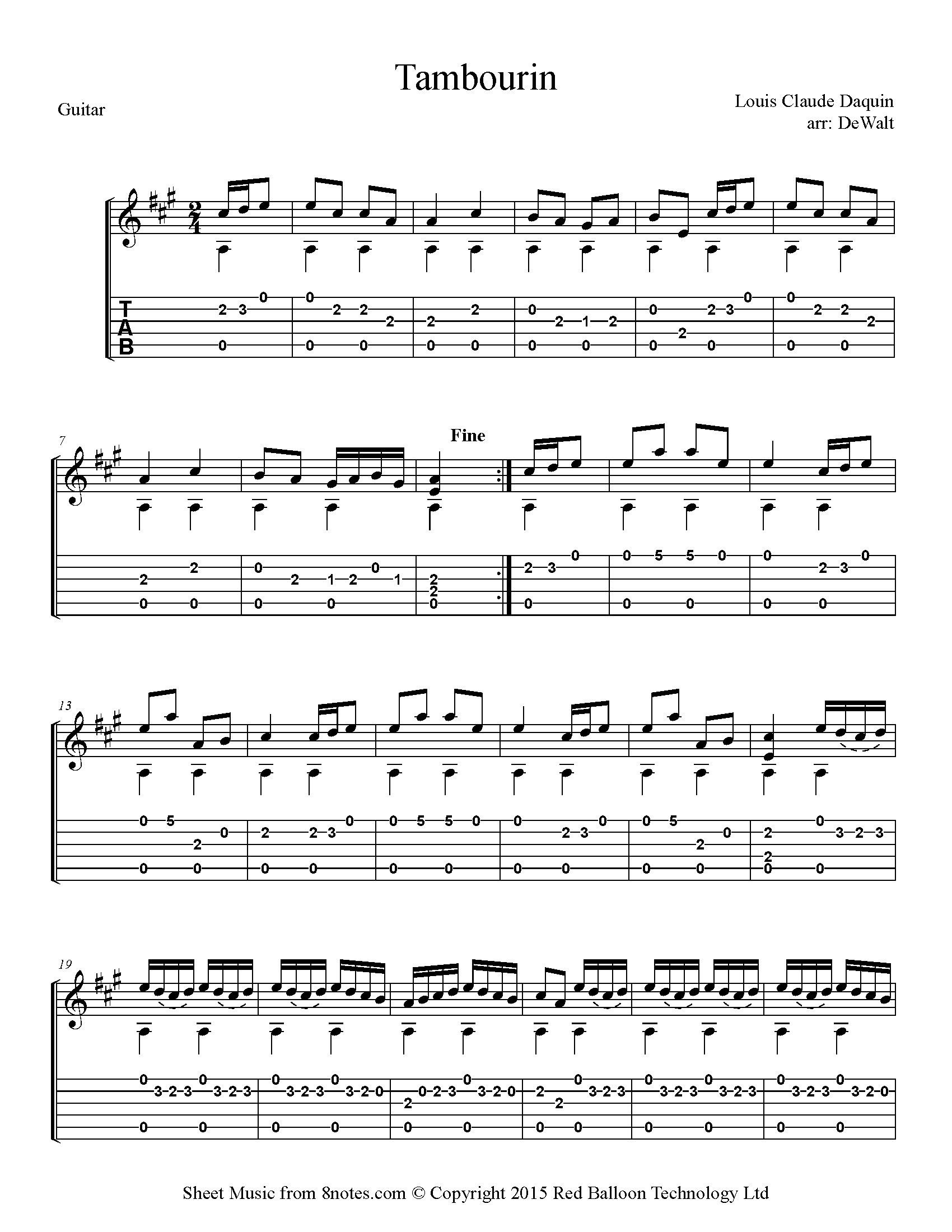 Daquin - Tambourin Sheet music for Guitar - 8notes.com