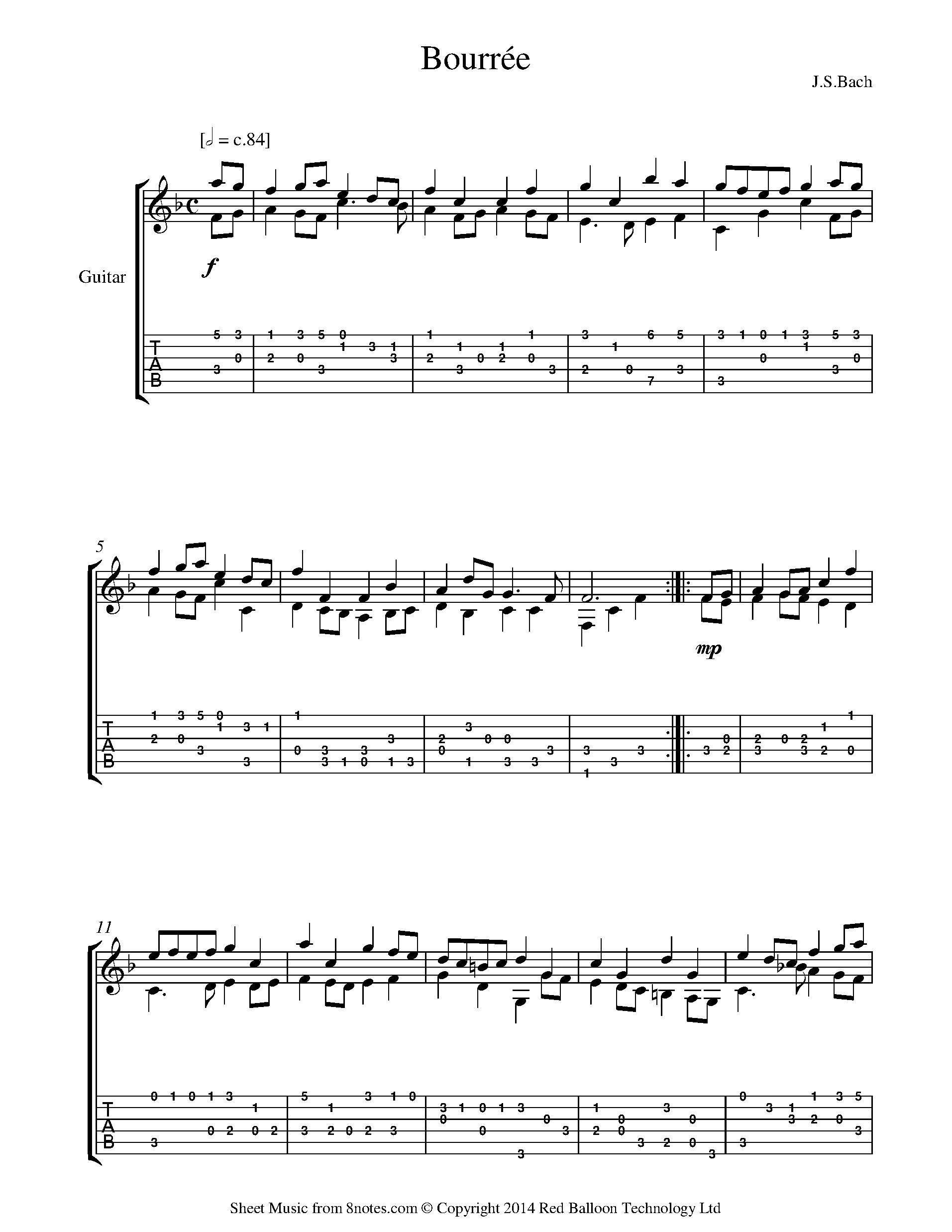 Bach - Bourree Sheet music for Guitar - 8notes.com