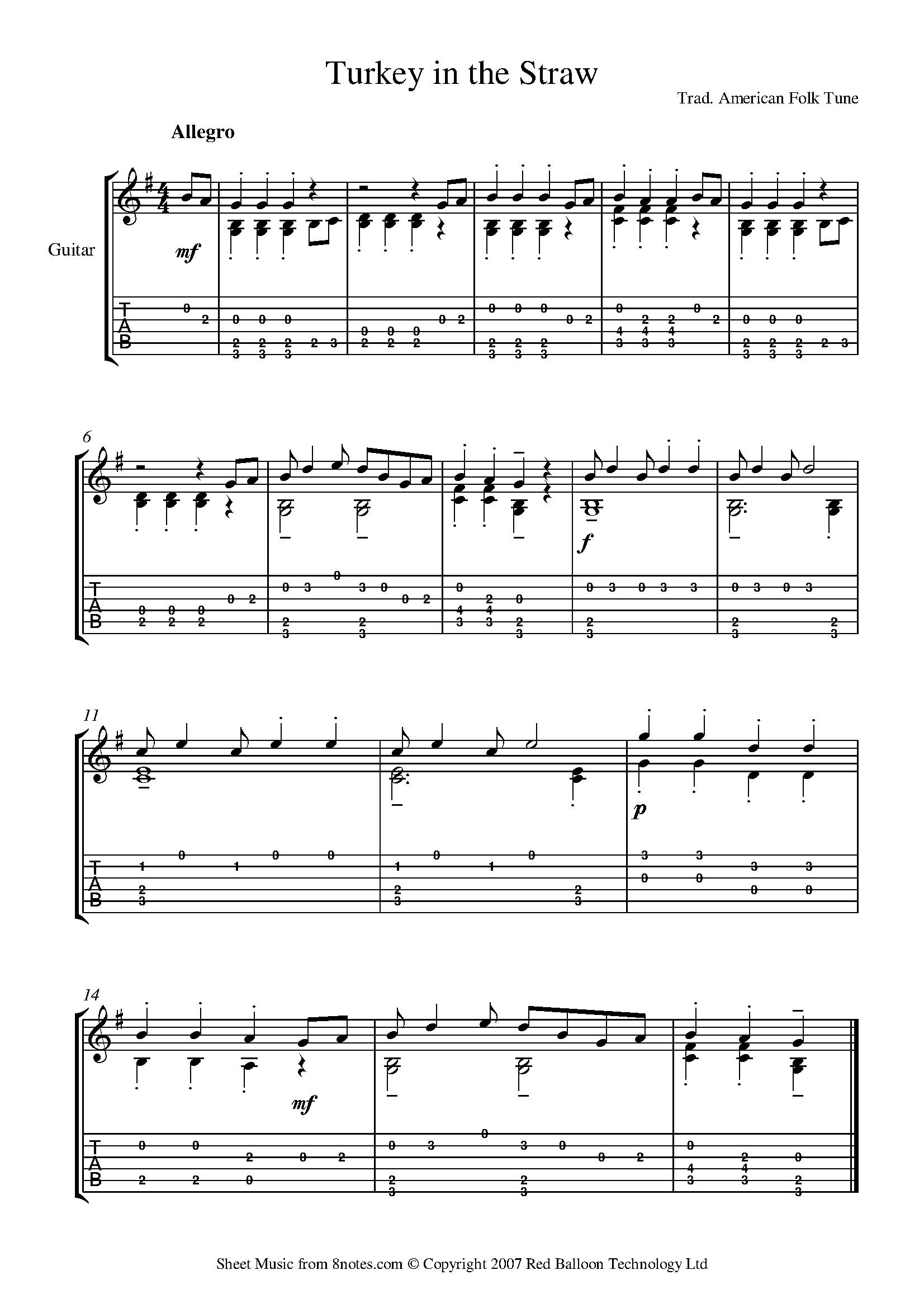 Turkey in the Straw Sheet music for Guitar - 8notes.com