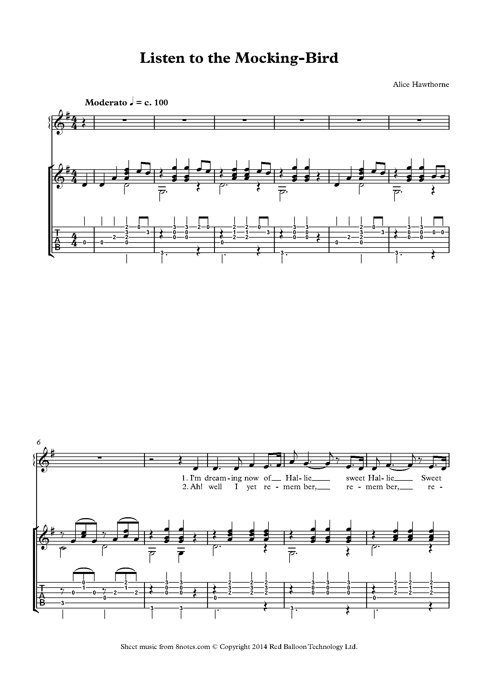 Listen To The Mocking Bird Sheet Music For Guitar And Vocal 
