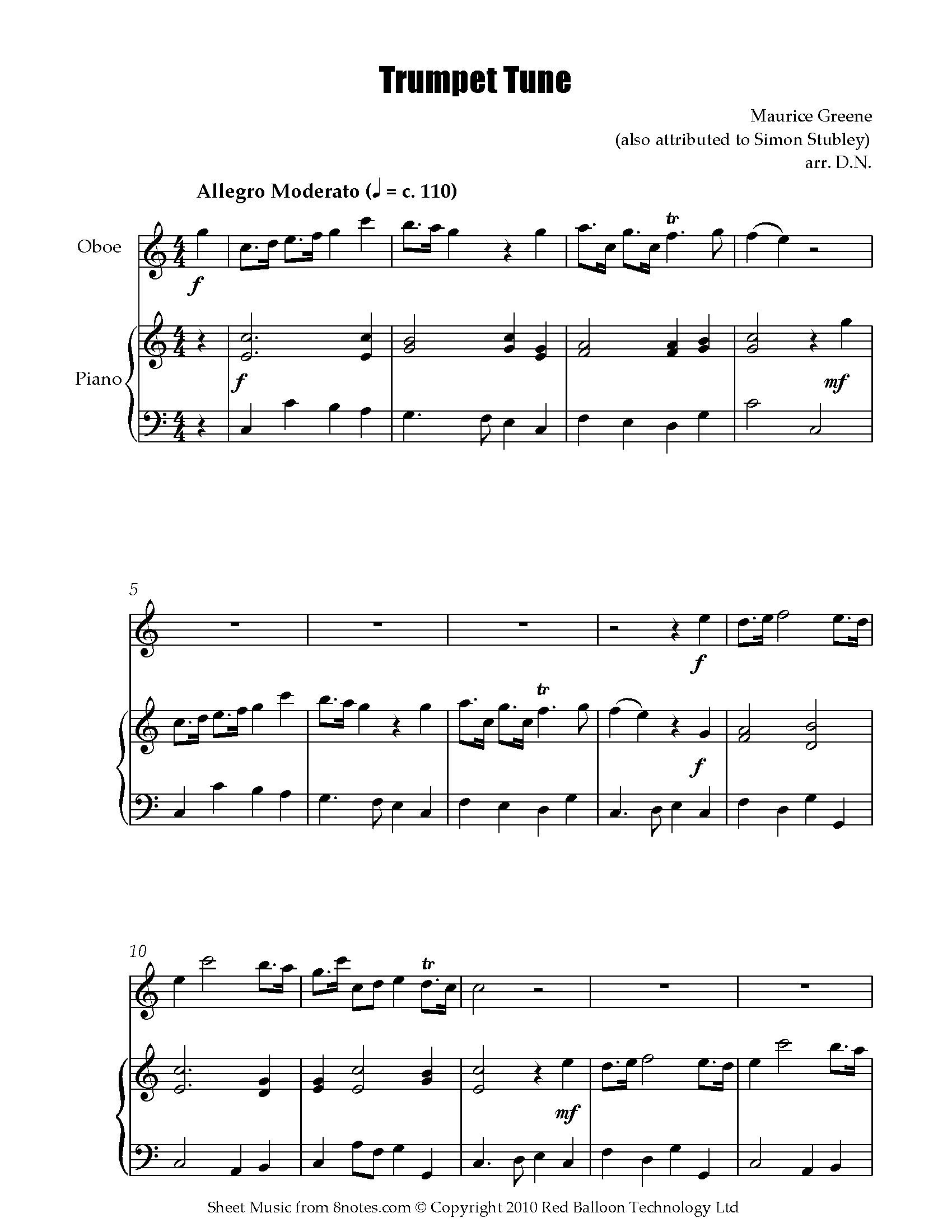 Maurice Greene - Trumpet Tune Sheet music for Oboe - 8notes.com