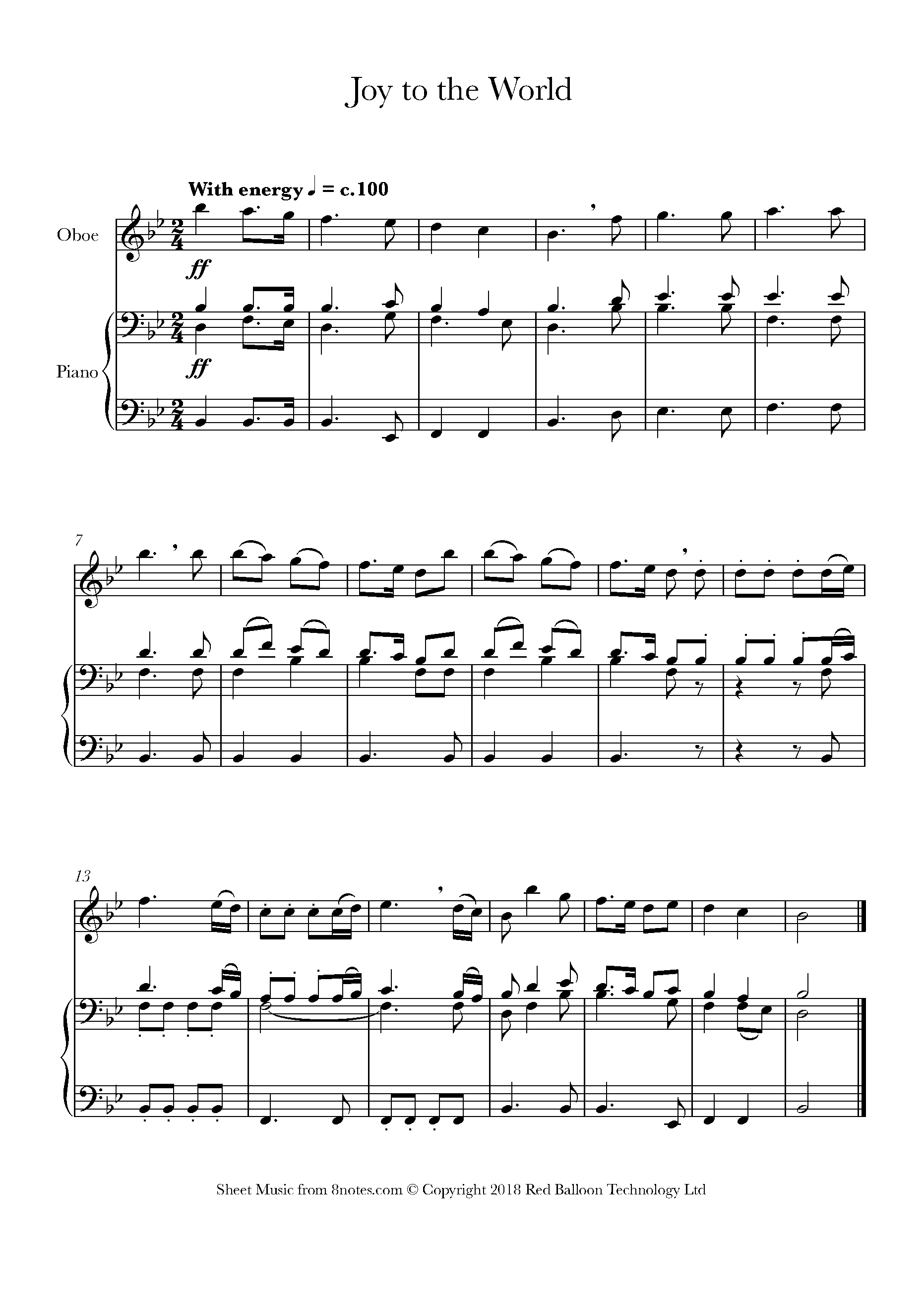 Joy to the World Sheet music for Oboe - 8notes.com