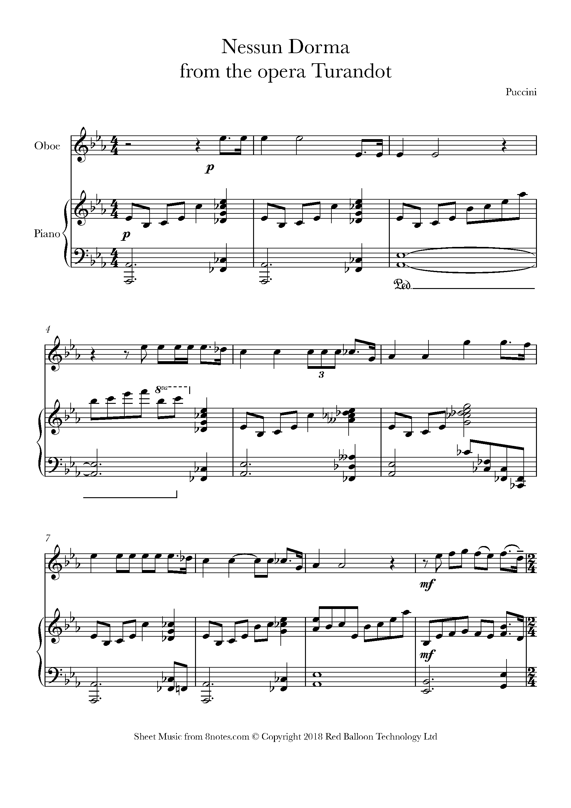 Puccini - Nessun Dorma From Turandot Sheet Music For Oboe - 8notes.com