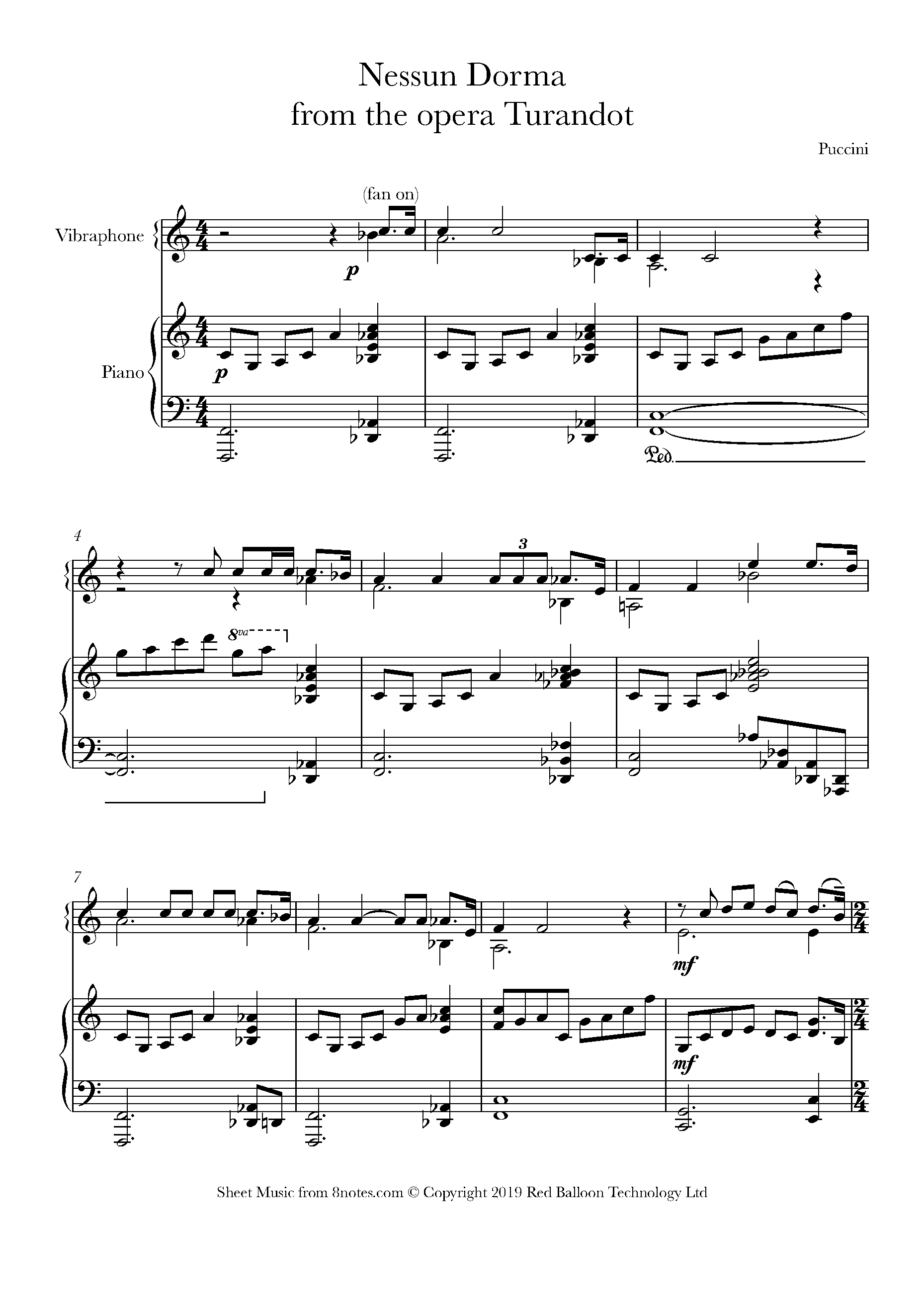 Puccini - Nessun Dorma From Turandot Sheet Music For Percussion ...