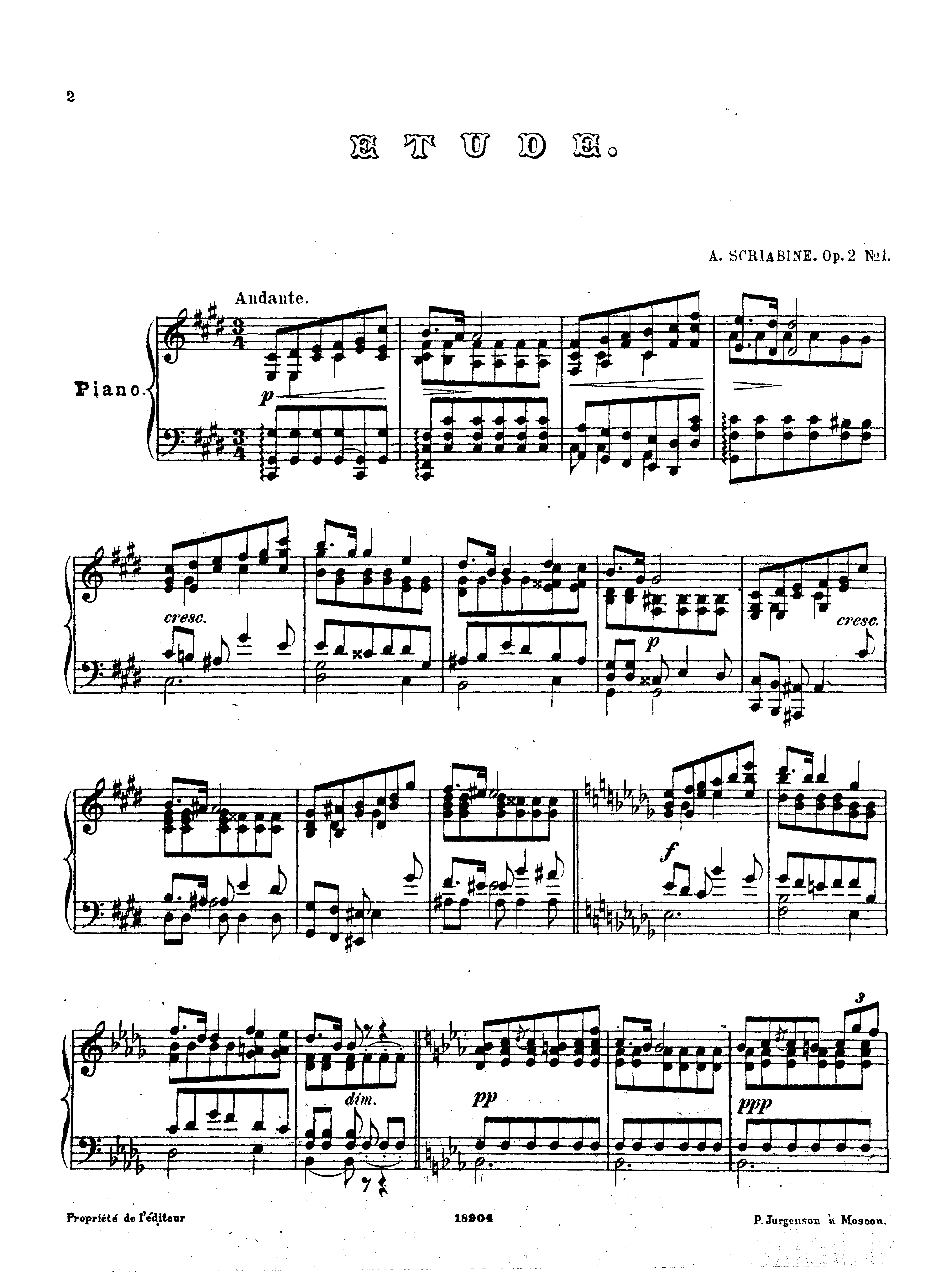 Scriabin, Alexander - 3 Pieces, Op.2 For Piano - Free Sheet Music For ...