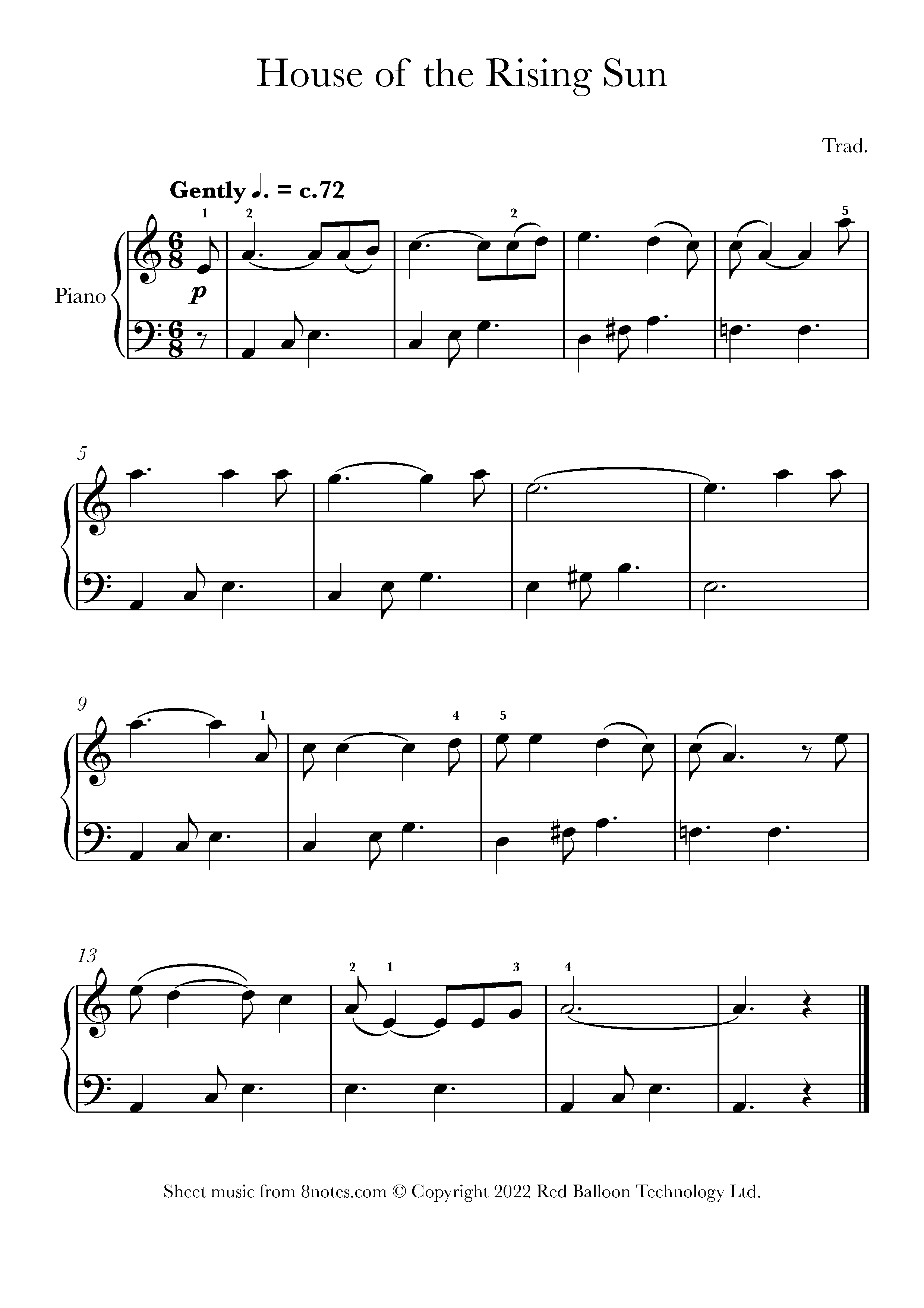 House of the Rising Sun (Easy) Sheet music for Piano - 8notes.com