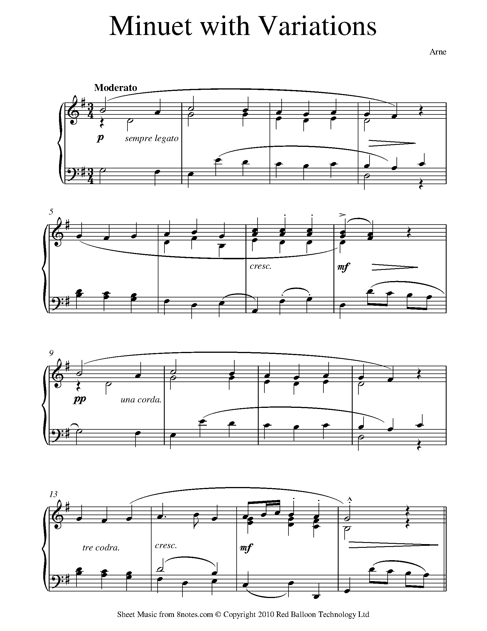 Arne - Minuet with Variations Sheet music for Piano - 8notes.com